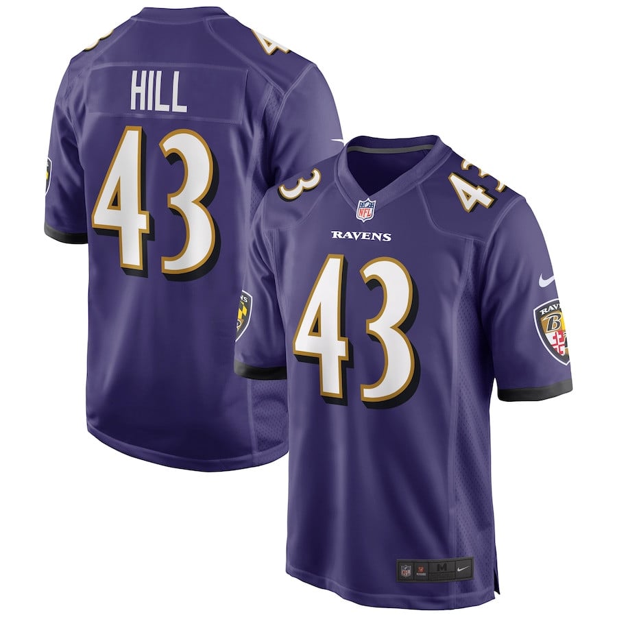 Justice Hill 43 Baltimore Ravens Game Purple NFL Jersey Men's