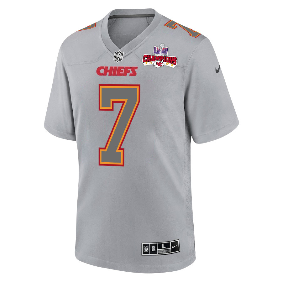 Harrison Butker 7 Kansas City Chiefs Super Bowl LVIII Champions 4 Stars Patch Atmosphere Fashion Game Gray NFL Jersey Men's