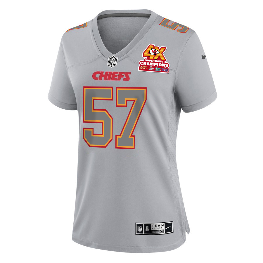 Truman Jones 57 Kansas City Chiefs Super Bowl LVIII Champions 4X Atmosphere Fashion Game Gray NFL Jersey Women's