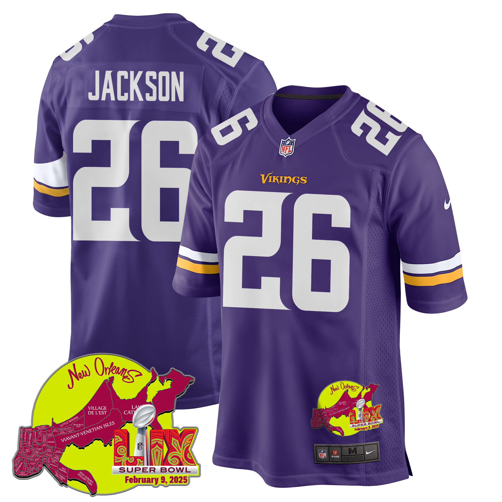 Theo Jackson 26 Minnesota Vikings Super Bowl LIX New Orleans Patch Game Purple NFL Jersey Men's