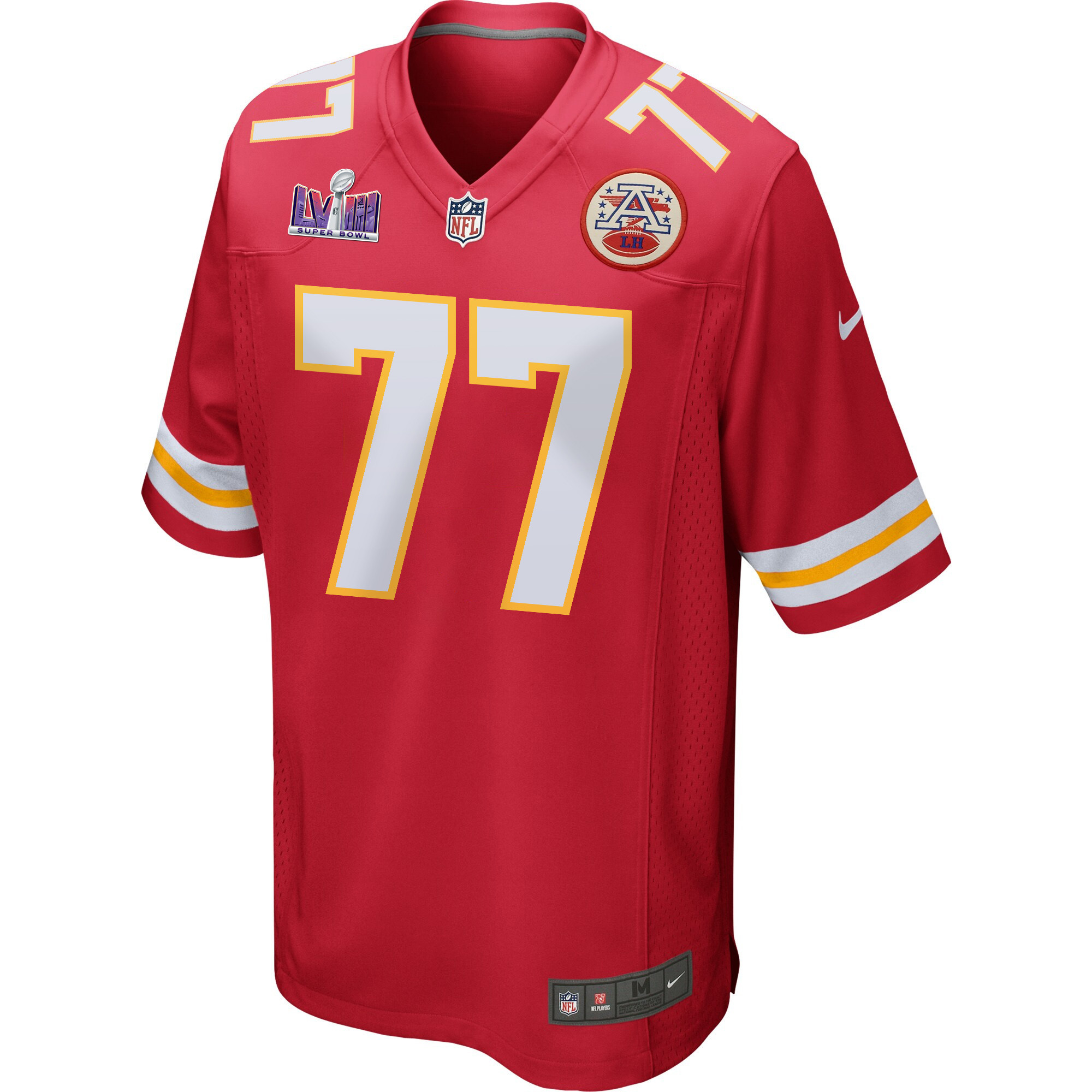 Lucas Niang 77 Kansas City Chiefs Super Bowl LVIII Patch Game Red NFL Jersey Men's