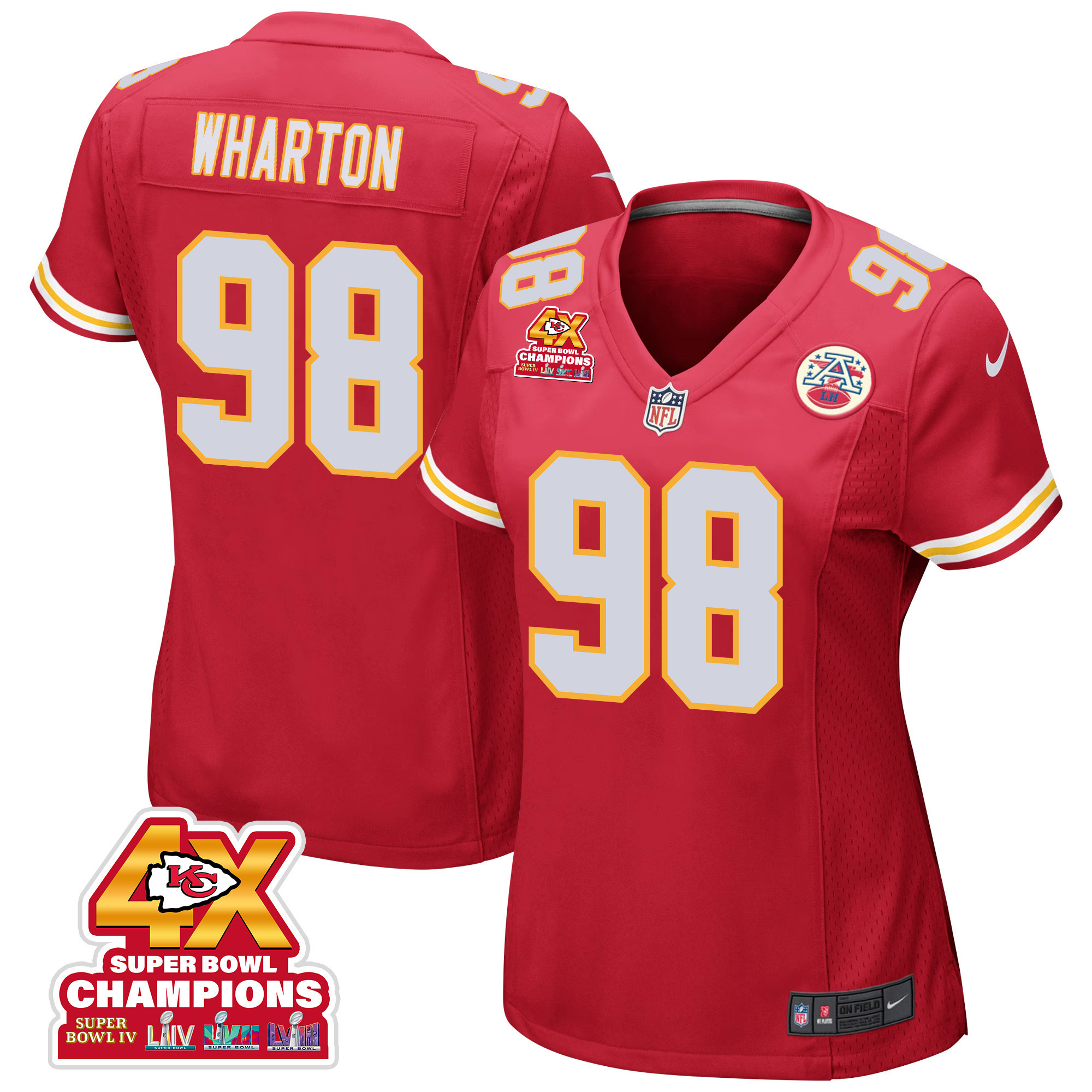 Tershawn Wharton 98 Kansas City Chiefs Super Bowl LVIII Champions 4X Game Red NFL Jersey Women's