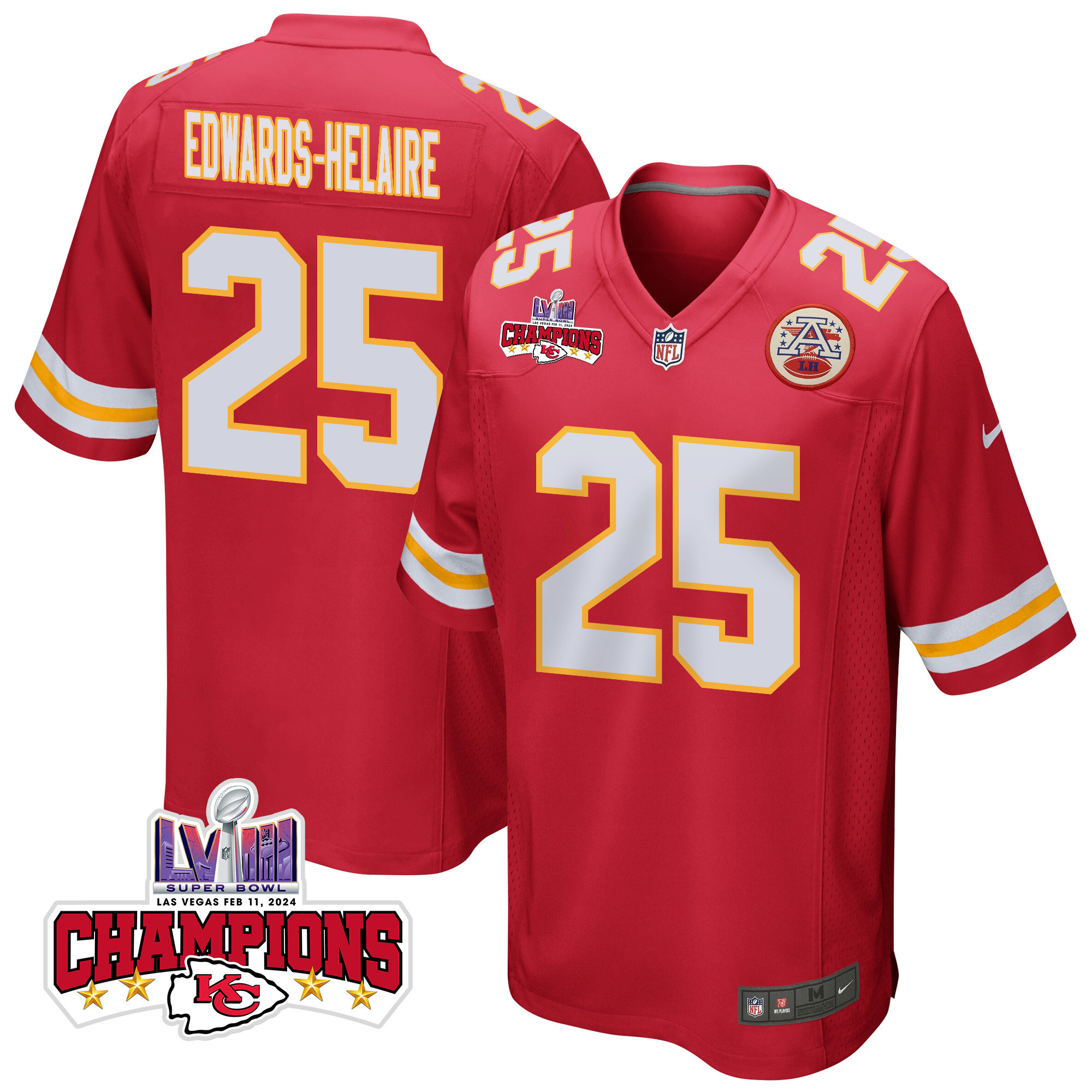 Clyde Edwards-Helaire 25 Kansas City Chiefs Super Bowl LVIII Champions 4 Stars Patch Game Red NFL Jersey Men's
