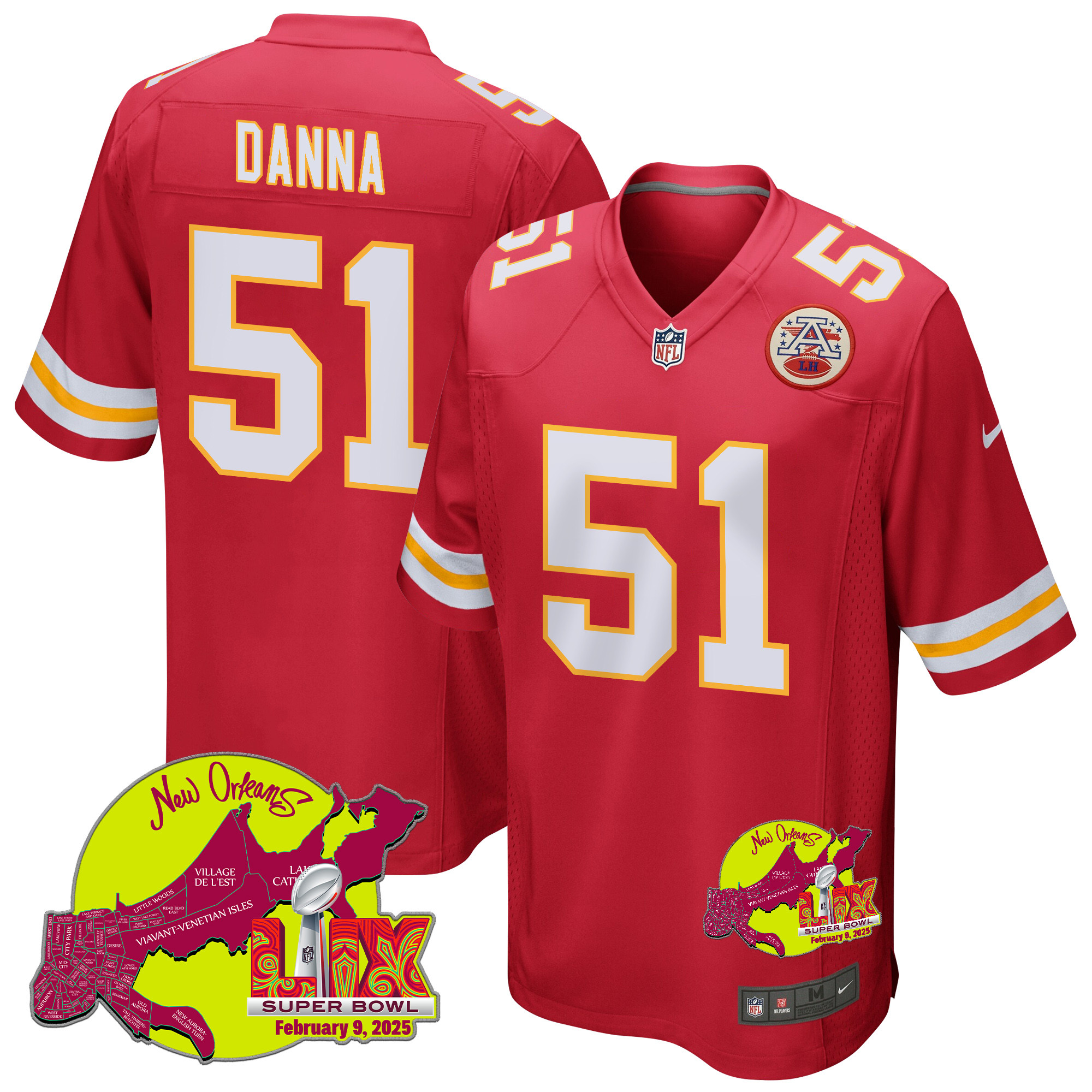 Mike Danna 51 Kansas City Chiefs Super Bowl LIX New Orleans Patch Game Red NFL Jersey Men's