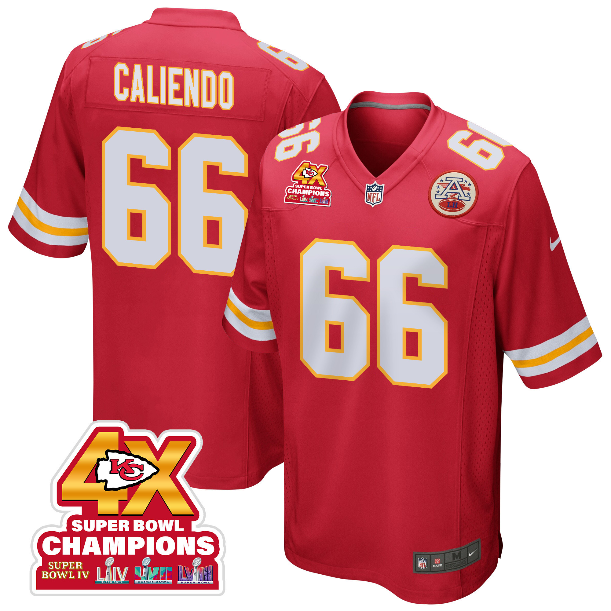 Mike Caliendo 66 Kansas City Chiefs Super Bowl LVIII Champions 4X Game Red NFL Jersey Men's