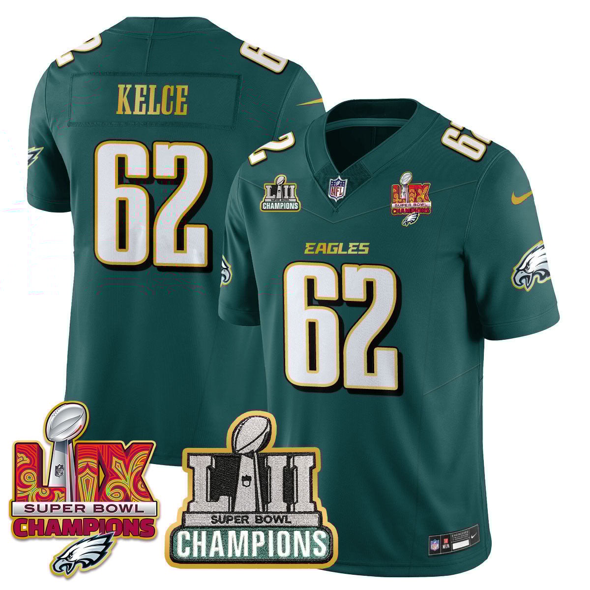 Jason Kelce 62 Philadelphia Eagles LII-LIX Super Bowl Champions Vapor Limited Gold Midnight Green NFL Jersey Men's