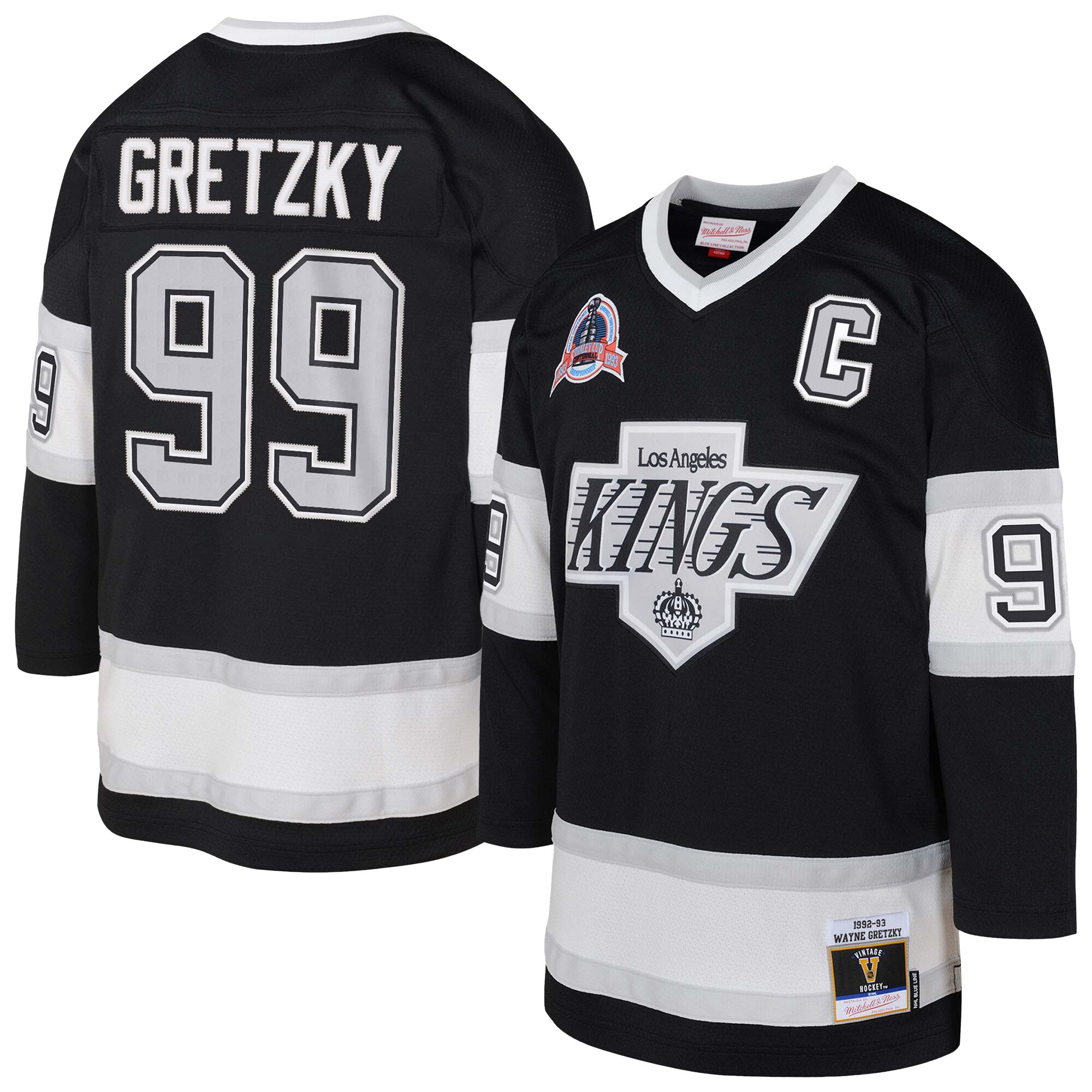 Los Angeles Kings Wayne Gretzky Mitchell Ness Black 1992/93 Captain Patch Blue Line Player NHL Jersey Youth