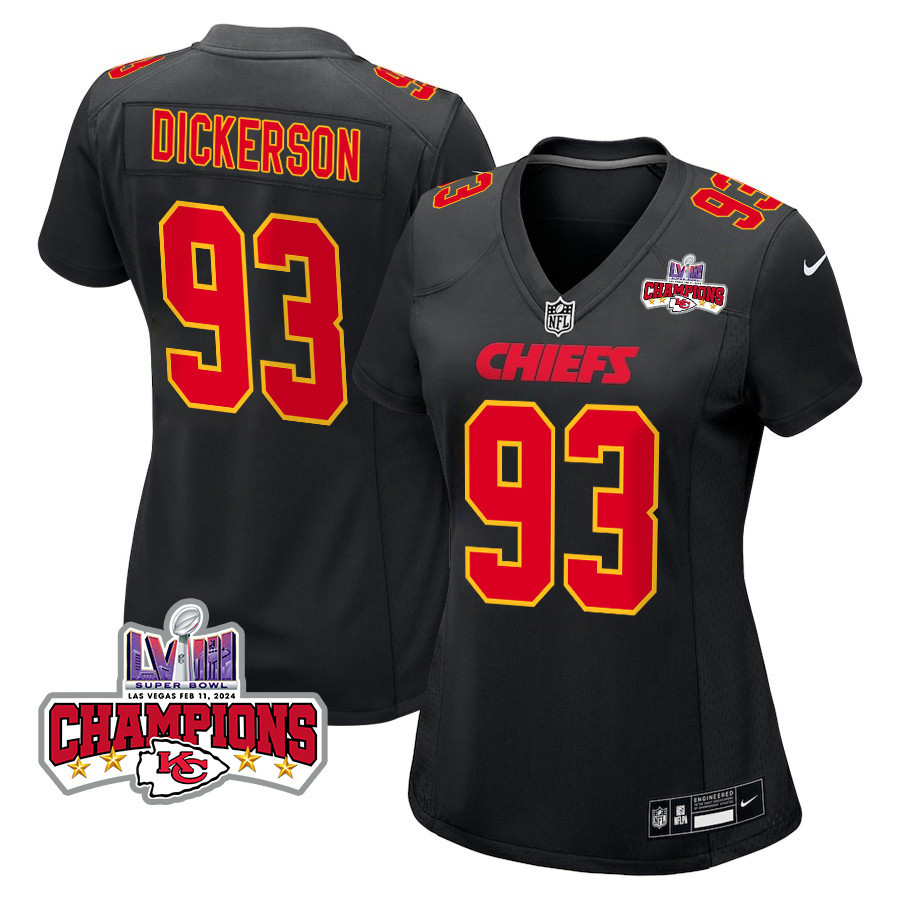 Matt Dickerson 93 Kansas City Chiefs Super Bowl LVIII Champions 4 Stars Patch Fashion Game Carbon Black NFL Jersey Women's