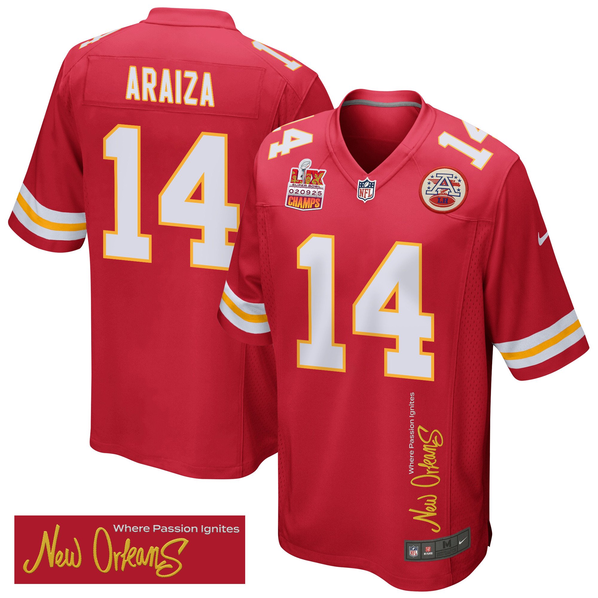 Matt Araiza 14 Kansas City Chiefs Super Bowl LIX Champions Patch New Orleans Where Passion Ignites' EMBROIDERED Game Red NFL Jersey Men's