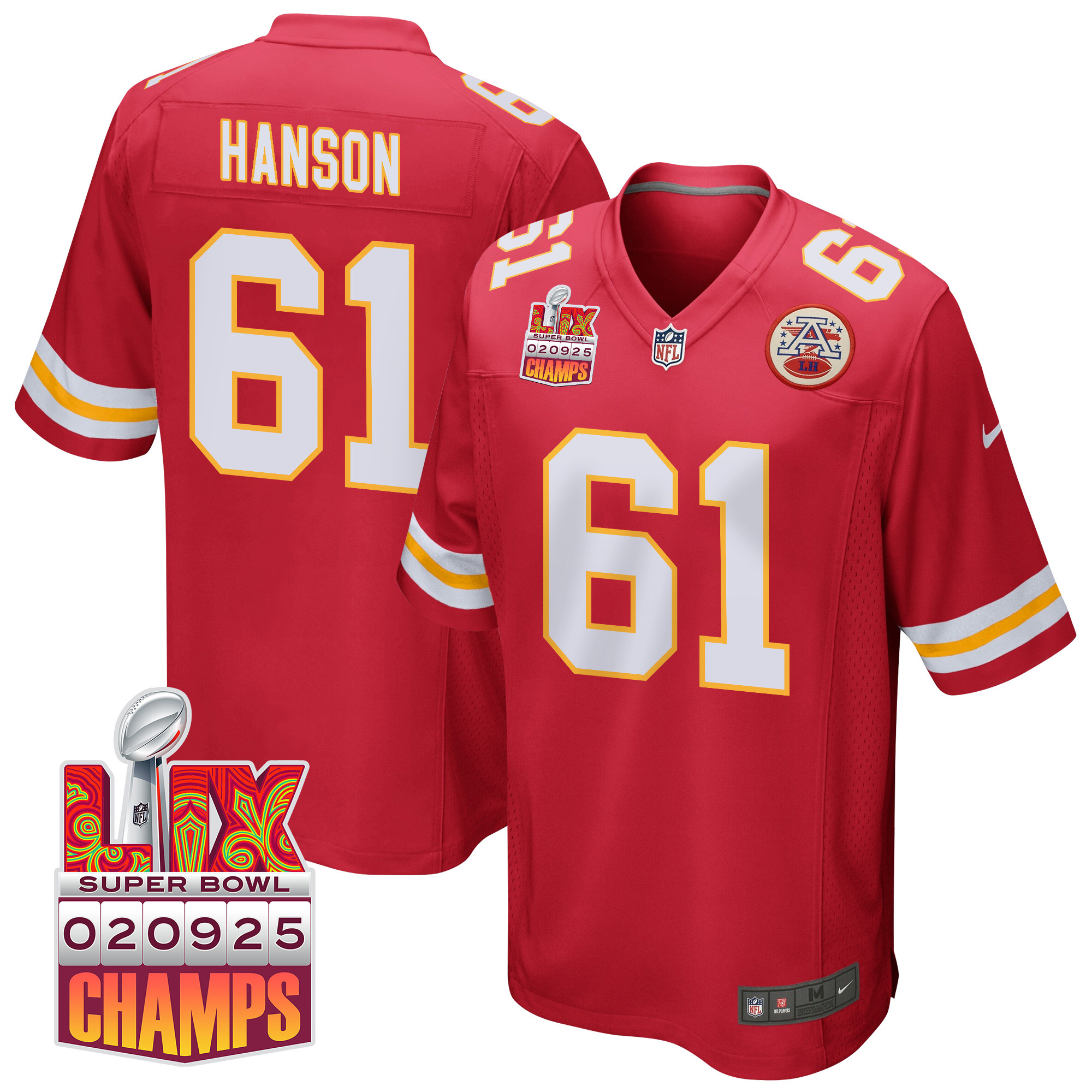 C.J. Hanson 61 Kansas City Chiefs Super Bowl LIX Champions Patch Game Red NFL Jersey Men's