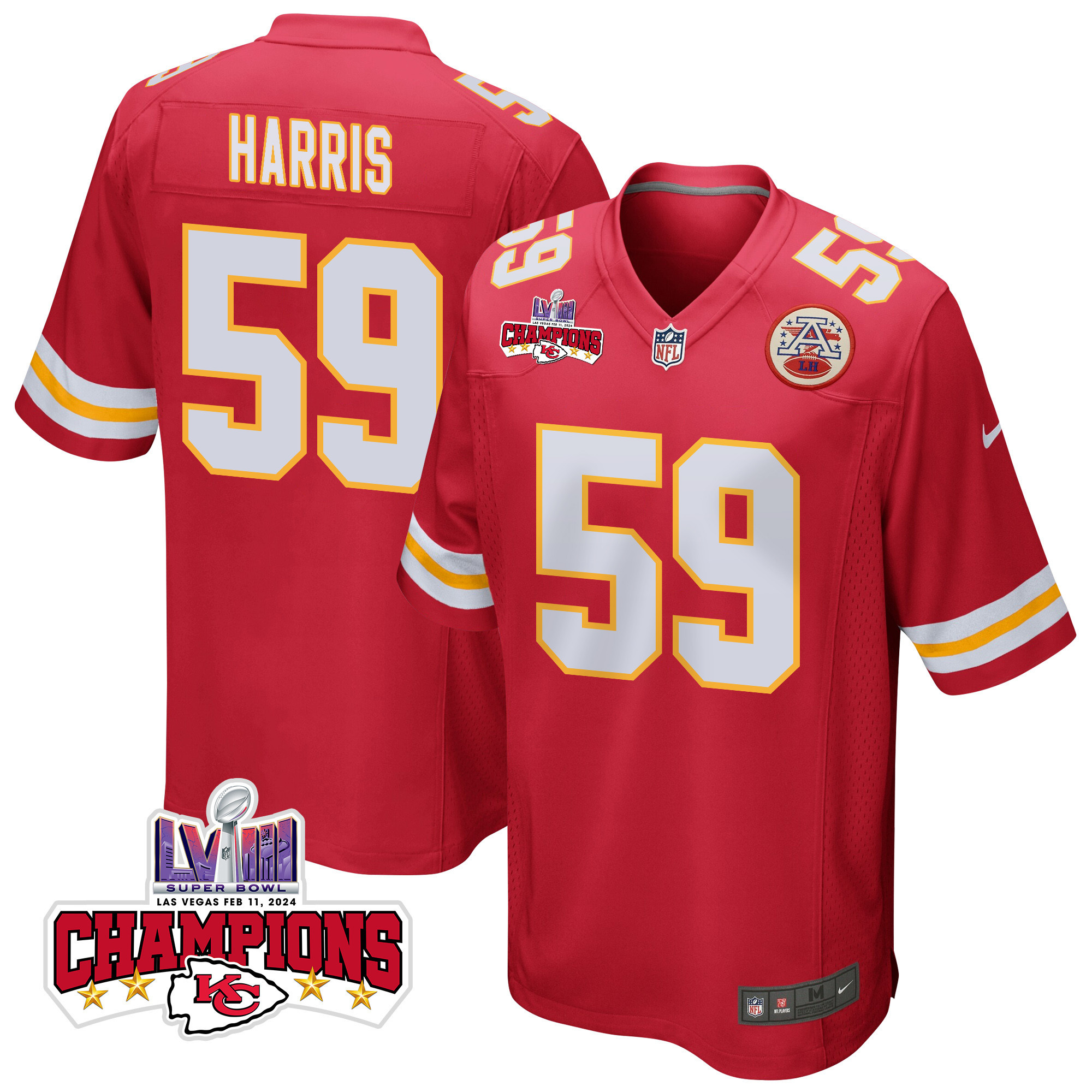 Darius Harris 59 Kansas City Chiefs Super Bowl LVIII Champions 4 Stars Patch Game Red NFL Jersey Men's