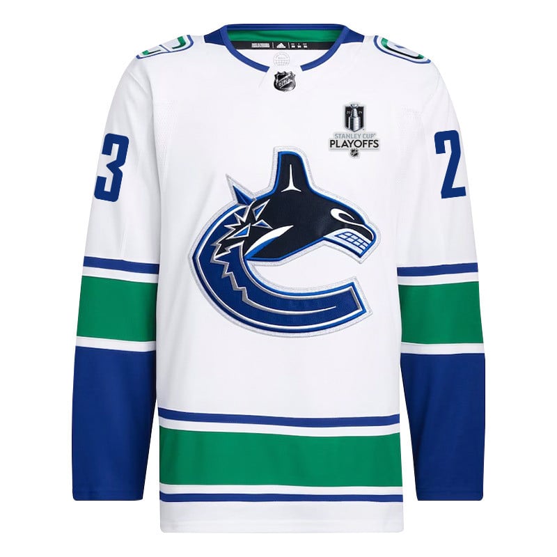 Elias Lindholm 23 Vancouver Canucks 2024 Playoffs Patch Away White NHL Jersey Men's