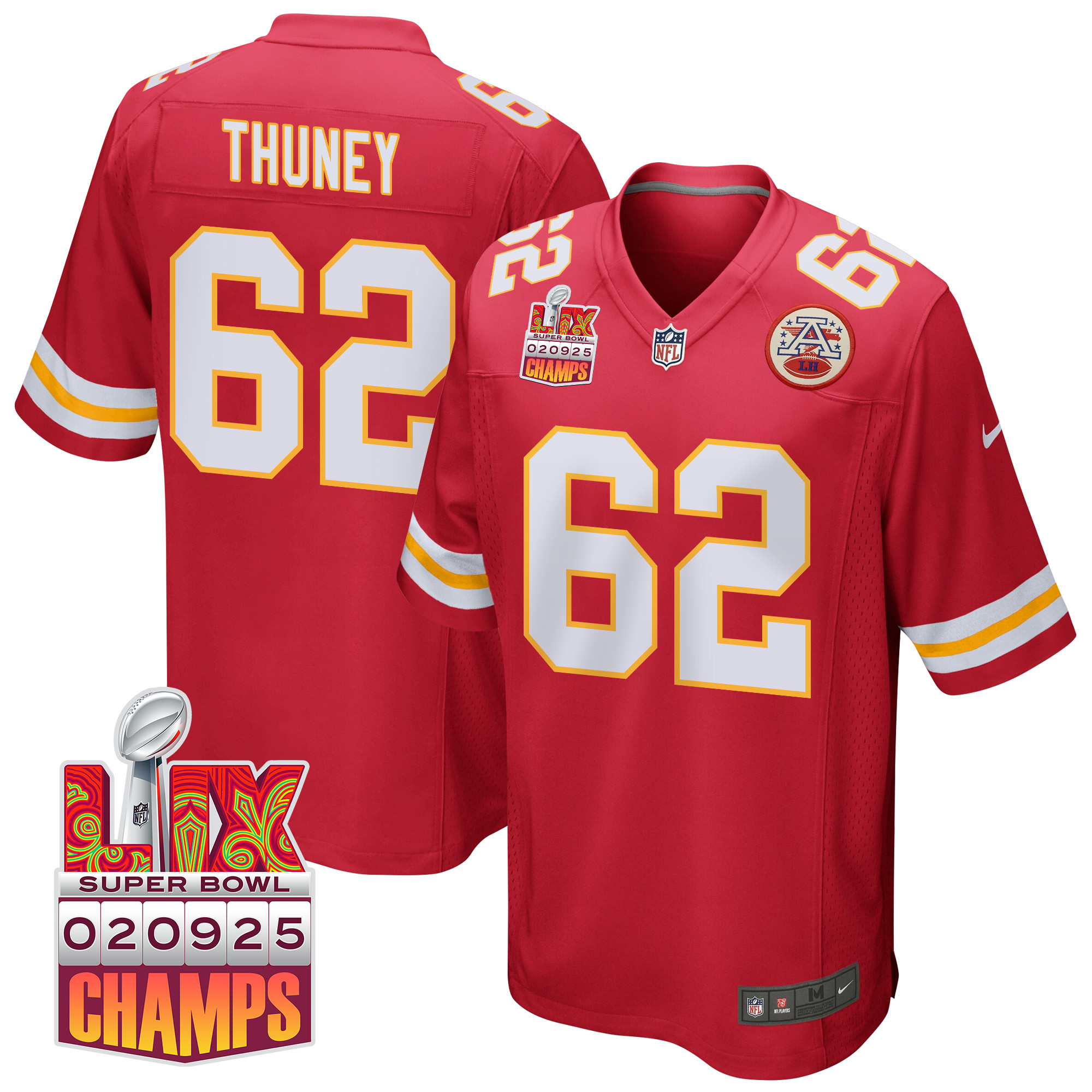 Joe Thuney 62 Kansas City Chiefs Super Bowl LIX Champions Patch Game Red NFL Jersey Men's
