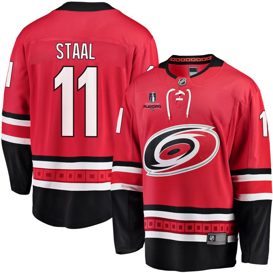 Jordan Staal 11 Carolina Hurricanes Stanley Cup 2023 Playoffs Patch Home Breakaway Red NHL Jersey Men's