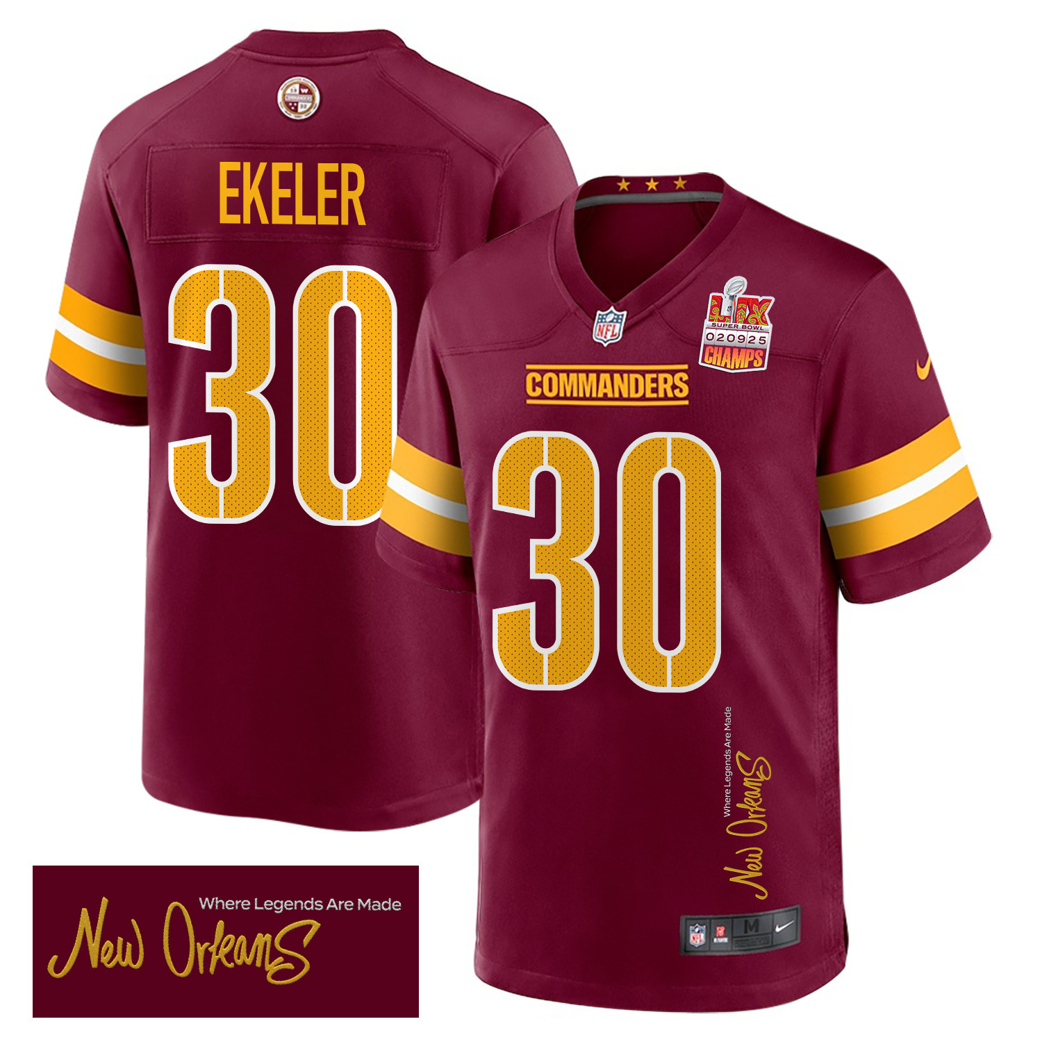 Austin Ekeler 30 Washington Commanders Super Bowl LIX Champions Patch New Orleans Where Legends Are Made' EMBROIDERED Game Burgundy NFL Jersey Men's