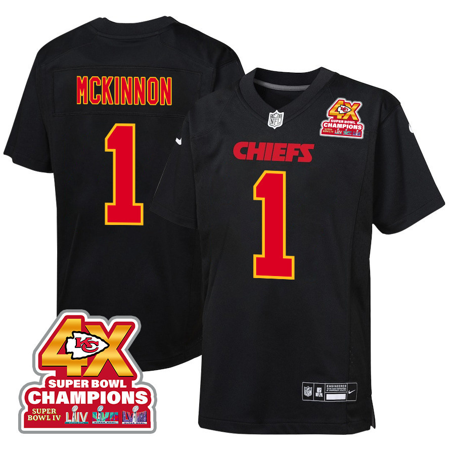 Jerick McKinnon 1 Kansas City Chiefs Super Bowl LVIII Champions 4X Fashion Game Carbon Black NFL Jersey Youth
