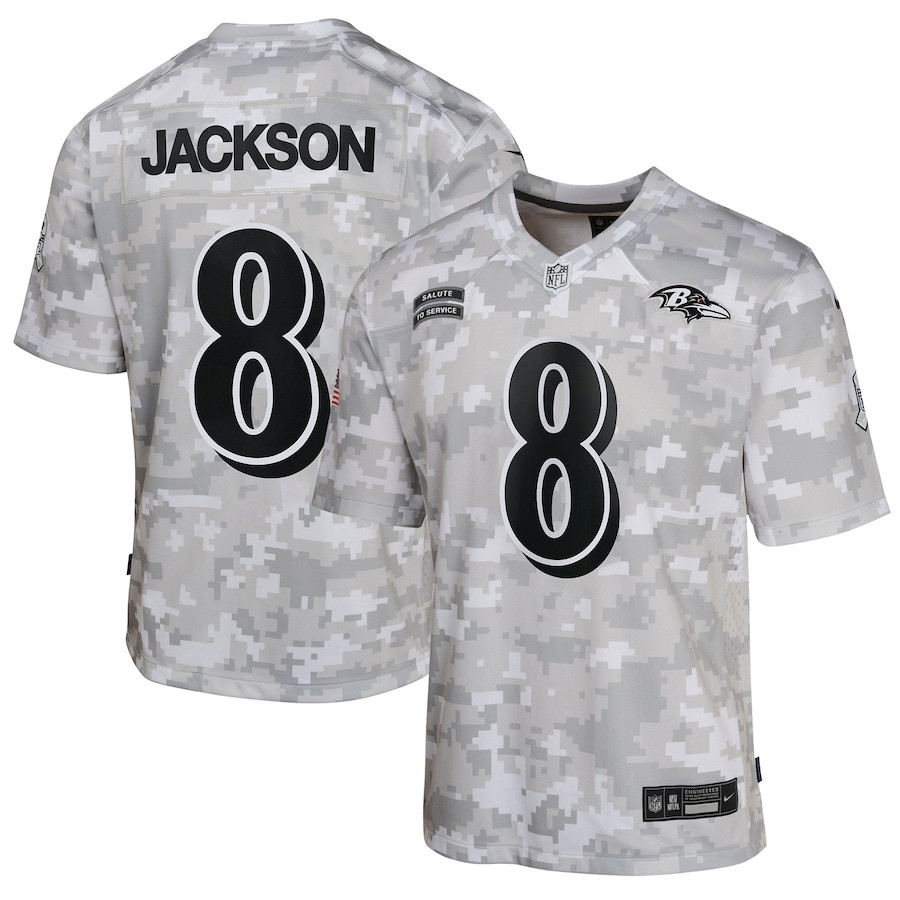 Lamar Jackson 8 Baltimore Ravens 2024 Salute to Service Game Arctic Camo NFL Jersey Youth