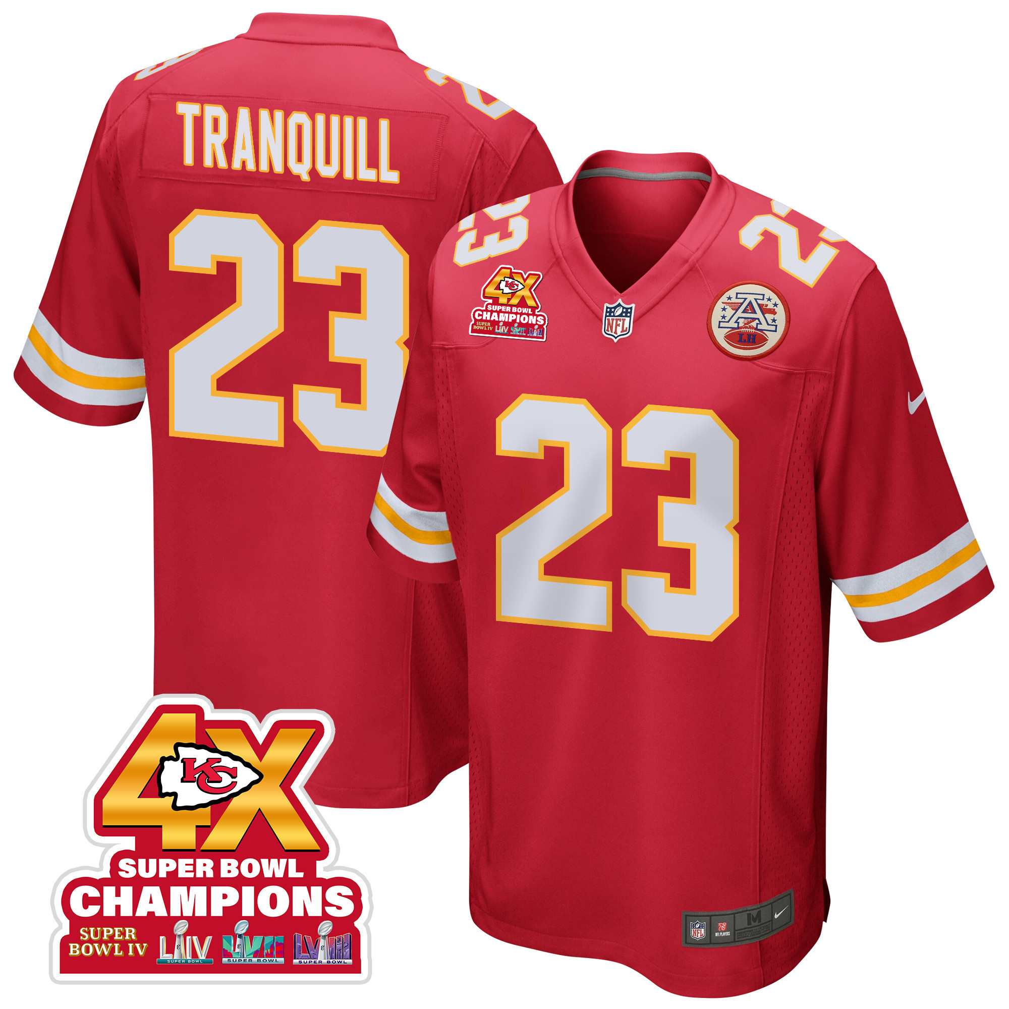 Drue Tranquill 23 Kansas City Chiefs Super Bowl LVIII Champions 4X Game Red NFL Jersey Men's