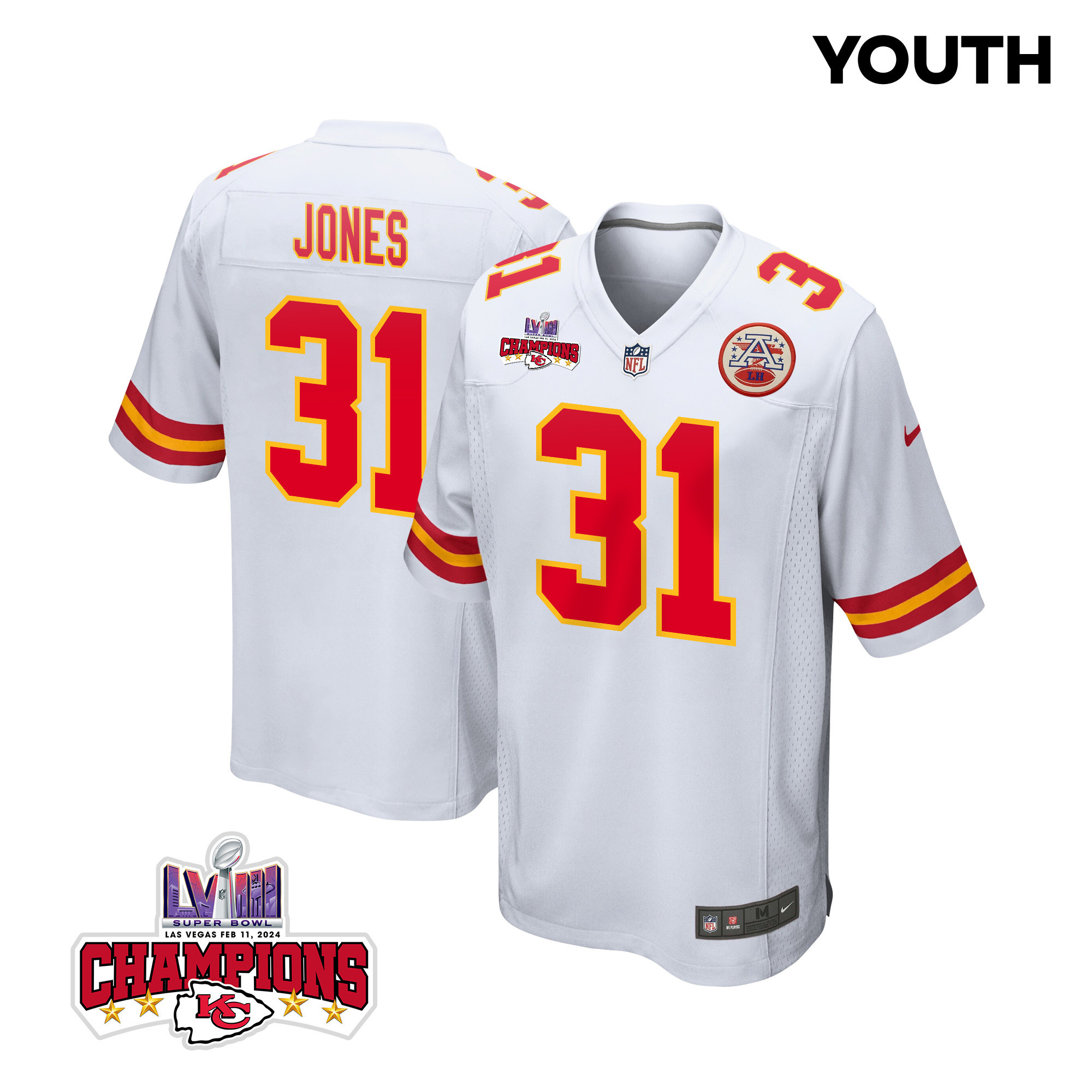 Nic Jones 31 Kansas City Chiefs Super Bowl LVIII Champions 4 Stars Patch Game White NFL Jersey Youth