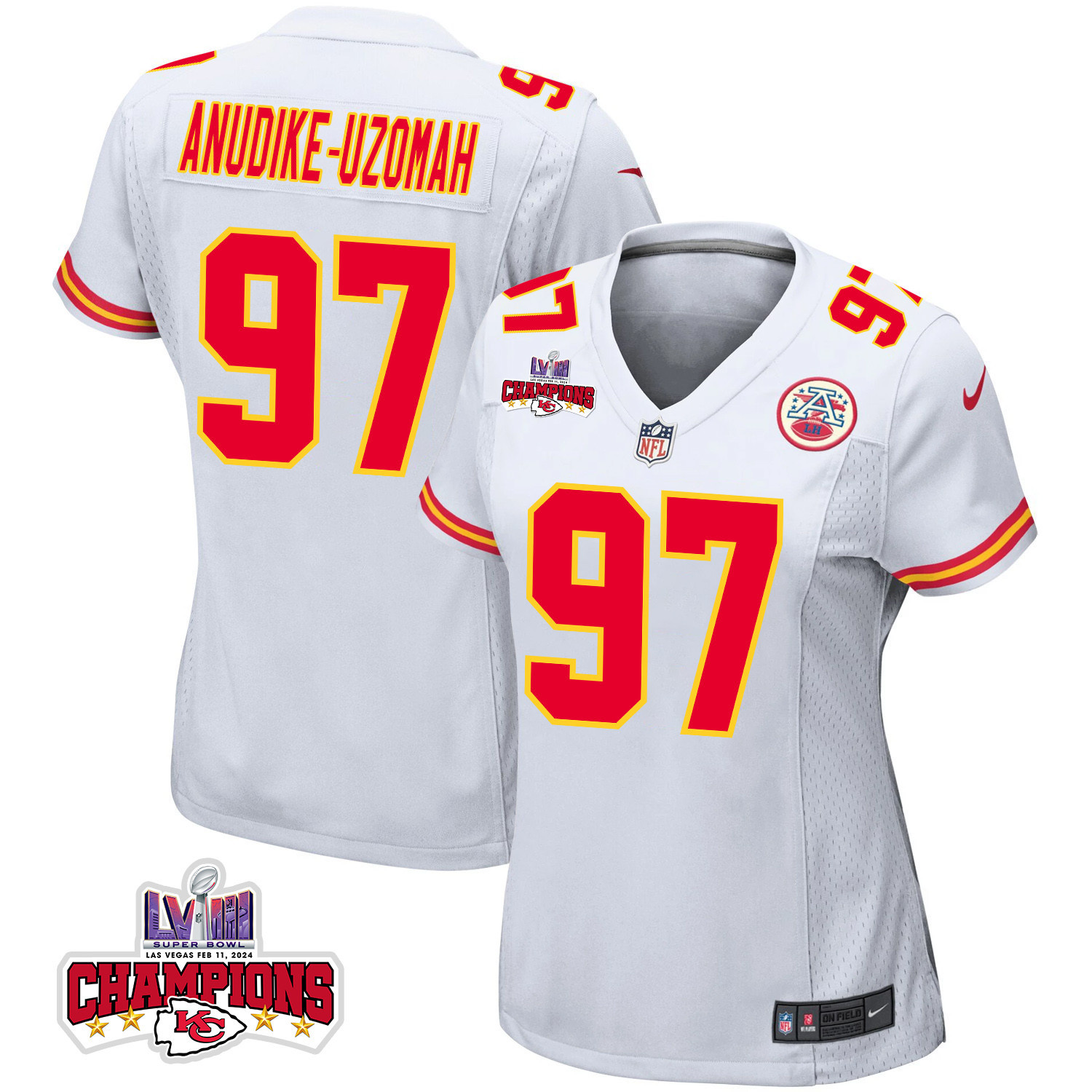 Felix Anudike-Uzomah 97 Kansas City Chiefs Super Bowl LVIII Champions 4 Stars Patch Game White NFL Jersey Women's