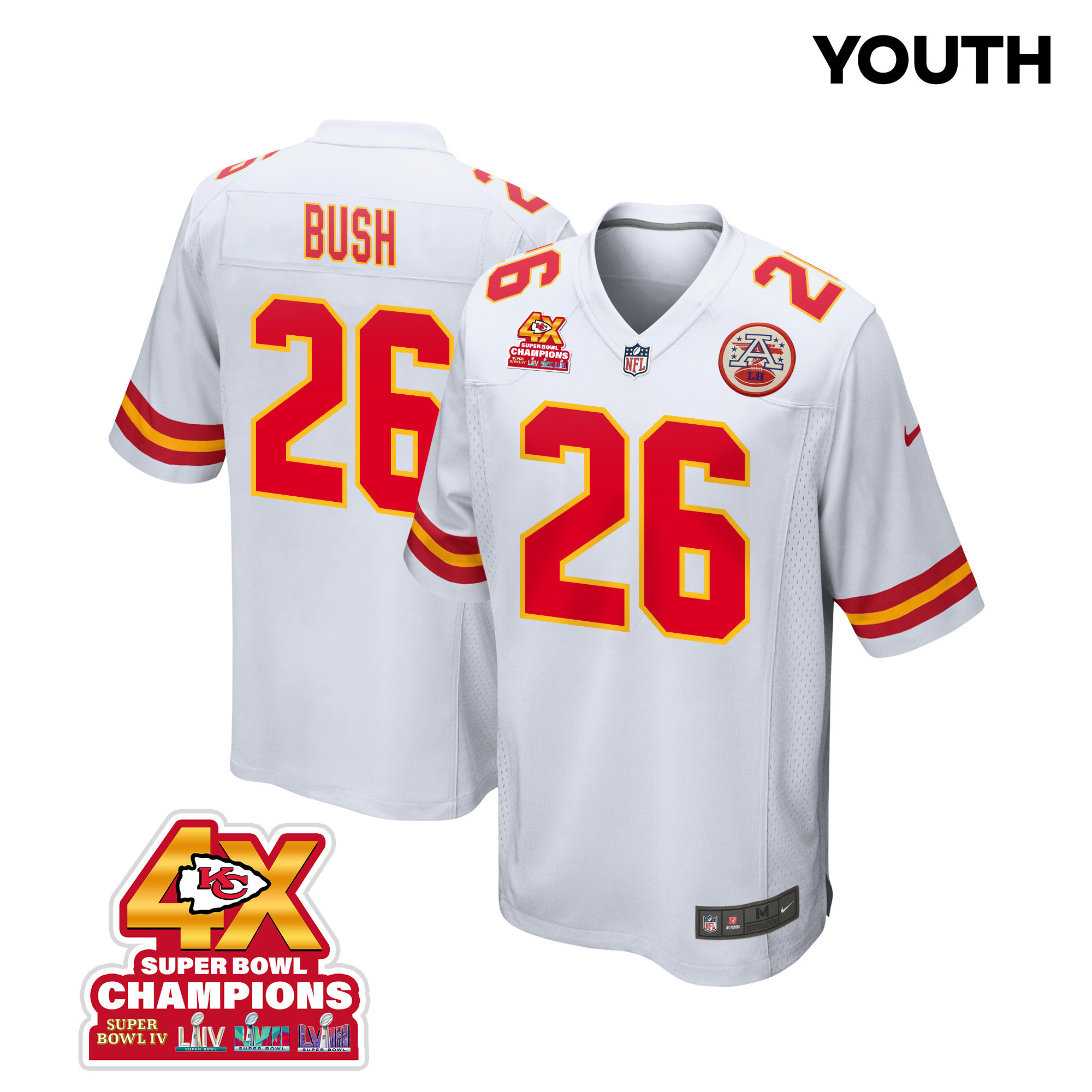 Deon Bush 26 Kansas City Chiefs Super Bowl LVIII Champions 4X Game White NFL Jersey Youth