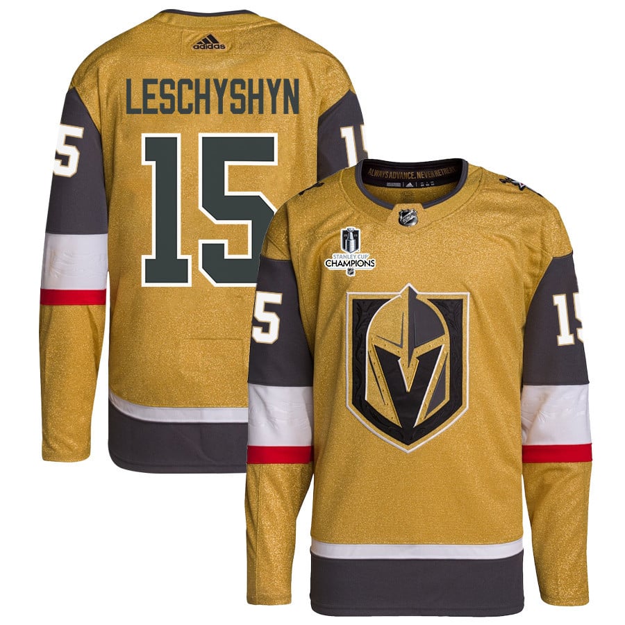 Jake Leschyshyn 15 Vegas Golden Knights Stanley Cup 2023 Champions Patch Home Breakaway Gold NHL Jersey Men's
