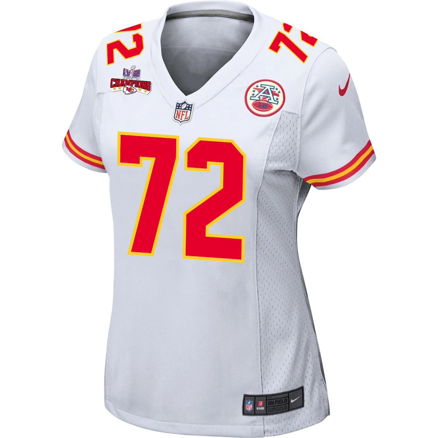 Chukwuebuka Godrick 72 Kansas City Chiefs Super Bowl LVIII Champions 4 Stars Patch Game White NFL Jersey Women's