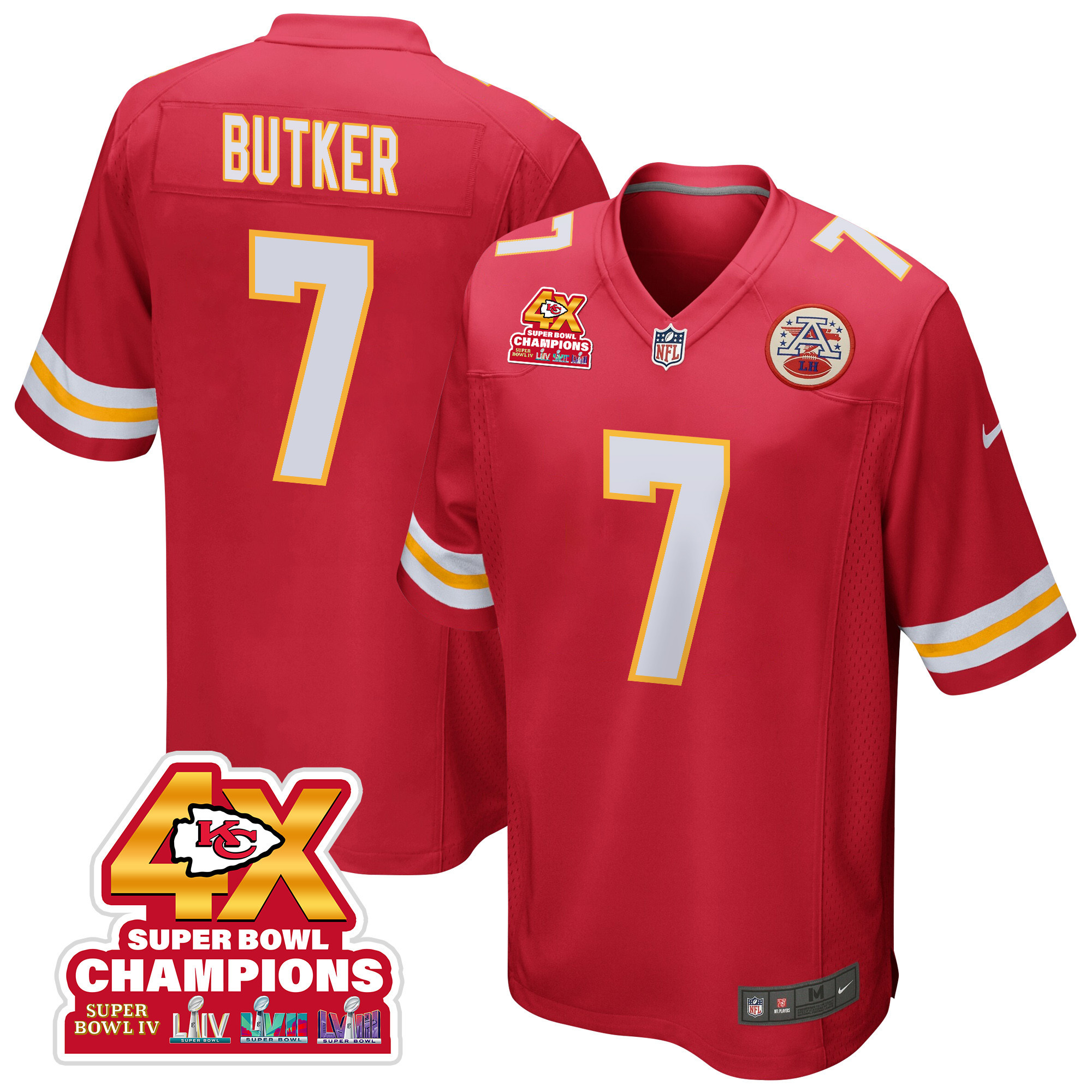 Harrison Butker 7 Kansas City Chiefs Super Bowl LVIII Champions 4X Game Red NFL Jersey Men's