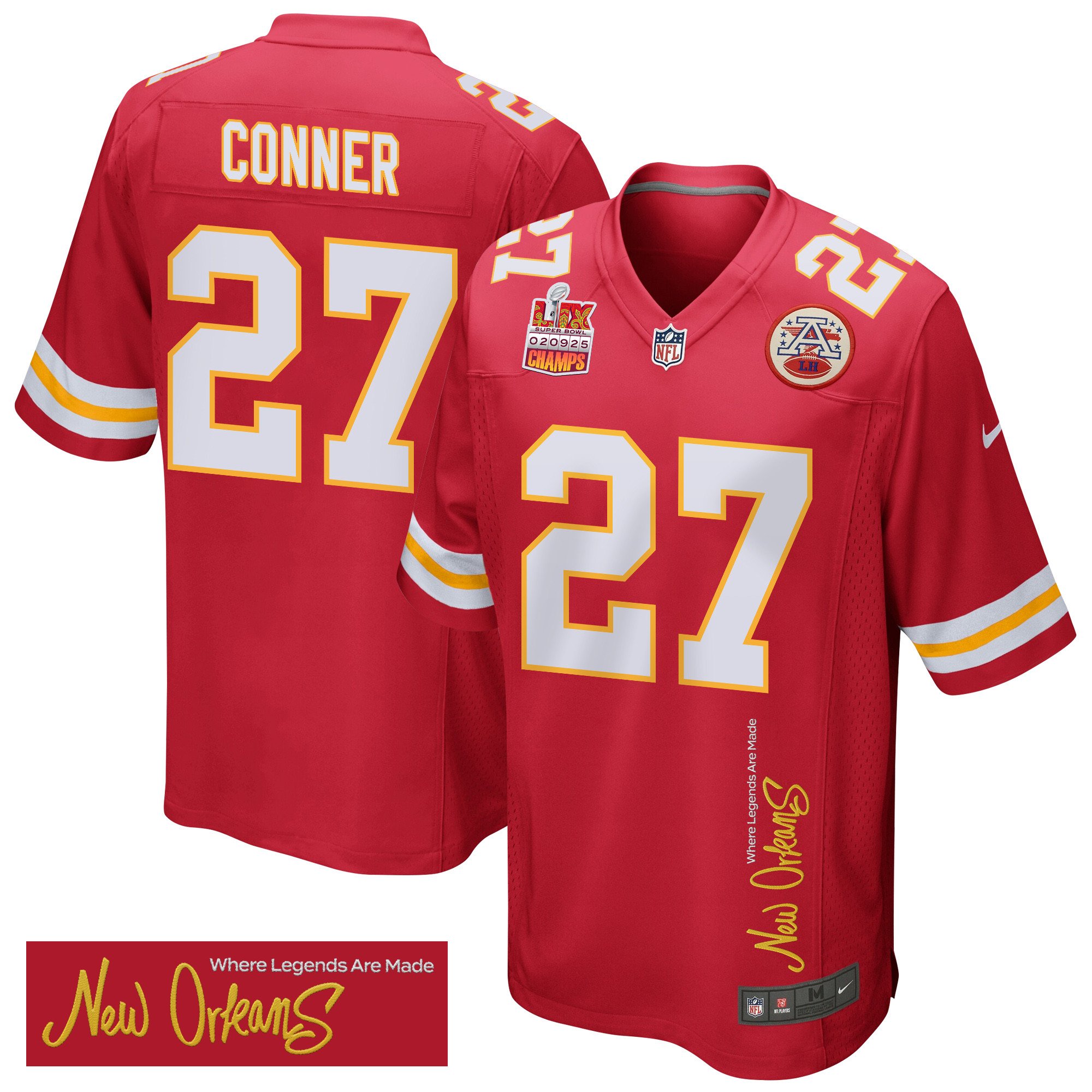 Chamarri Conner 27 Kansas City Chiefs Super Bowl LIX Champions Patch New Orleans Where Legends Are Made' EMBROIDERED Game Red NFL Jersey Men's