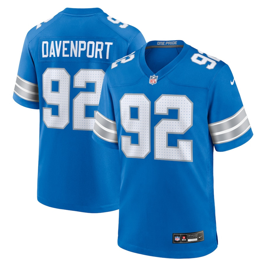 Marcus Davenport 92 Detroit Lions Team Game Blue NFL Jersey Men's