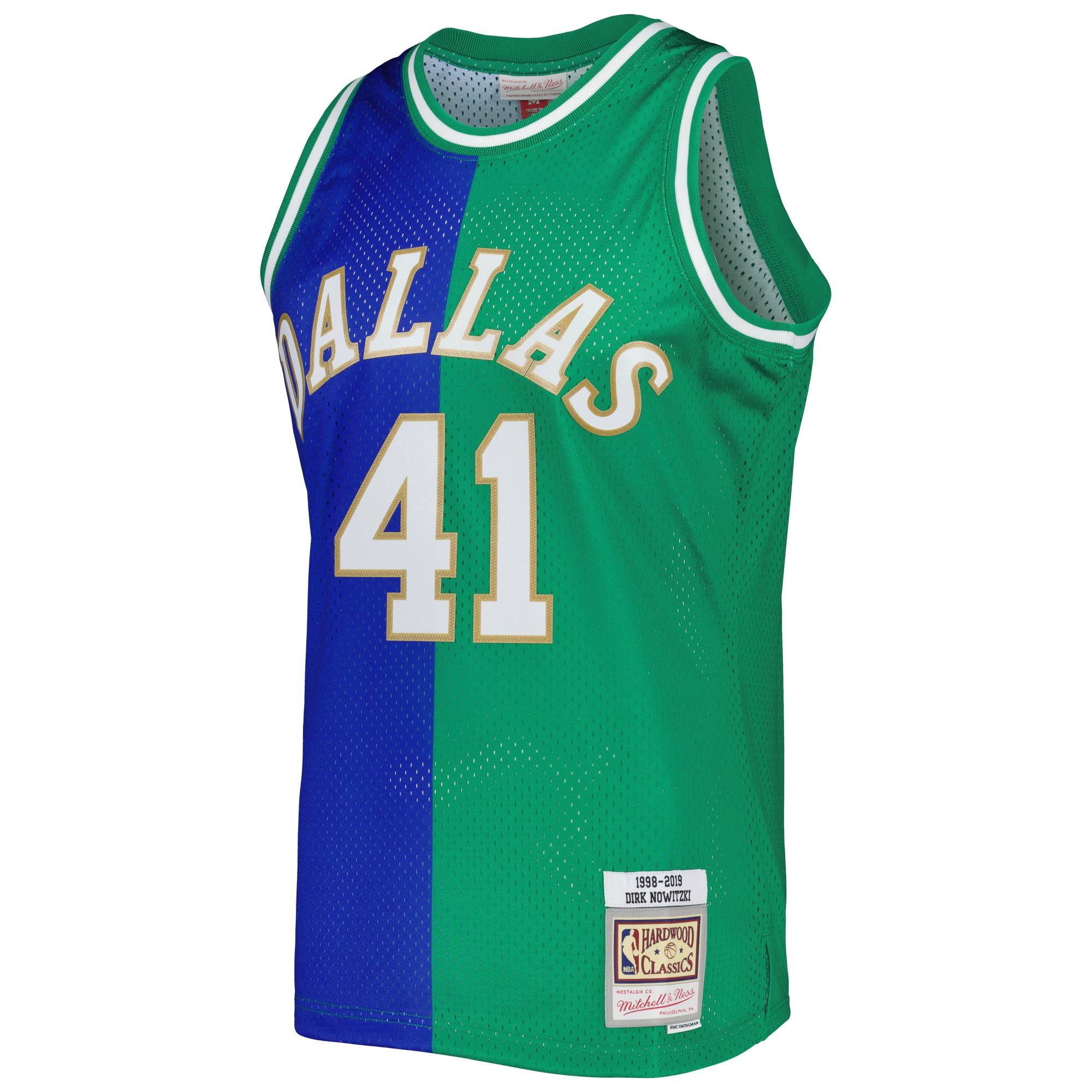 Mitchell Ness Dirk Nowitzki Blue/Green Dallas Mavericks Hardwood Classics 1998/2019 Split Swingman NBA Jersey Men's