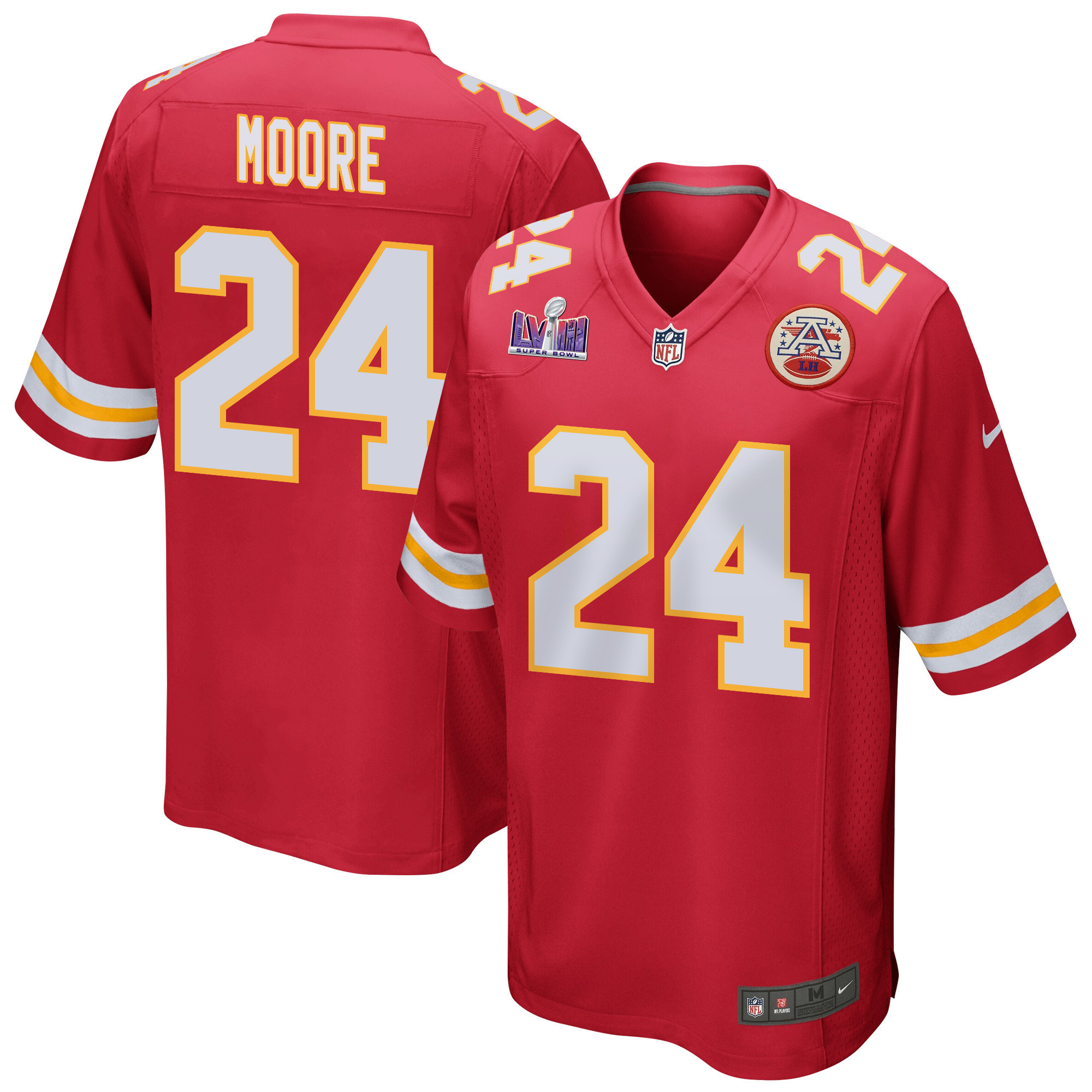 Skyy Moore 24 Kansas City Chiefs Super Bowl LVIII Patch Game Red NFL Jersey Men's