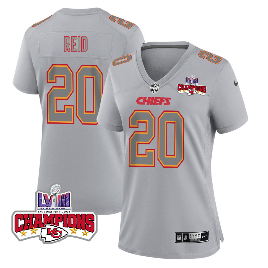 Justin Reid 20 Kansas City Chiefs Super Bowl LVIII Champions 4 Stars Patch Atmosphere Fashion Game Gray NFL Jersey Women's