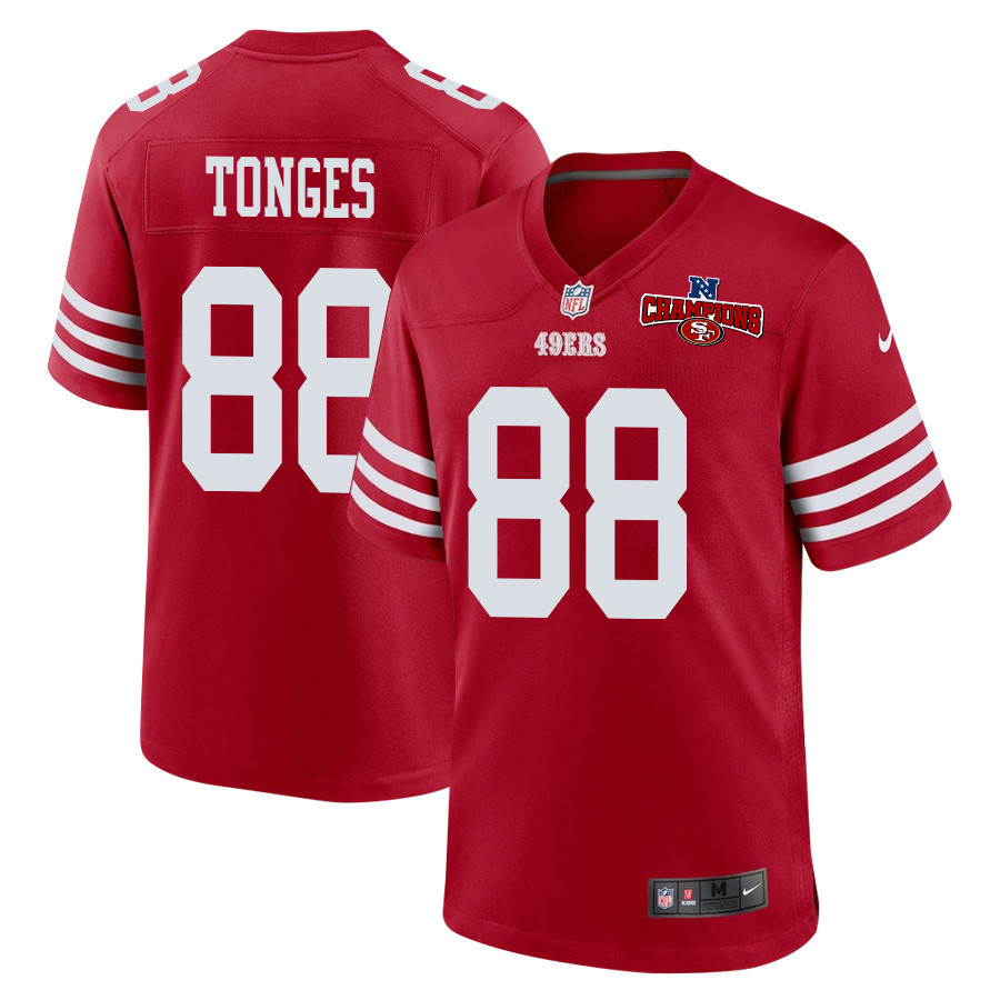 Jake Tonges 88 San Francisco 49ers NFC Champions Patch Game Scarlet NFL Jersey Men's