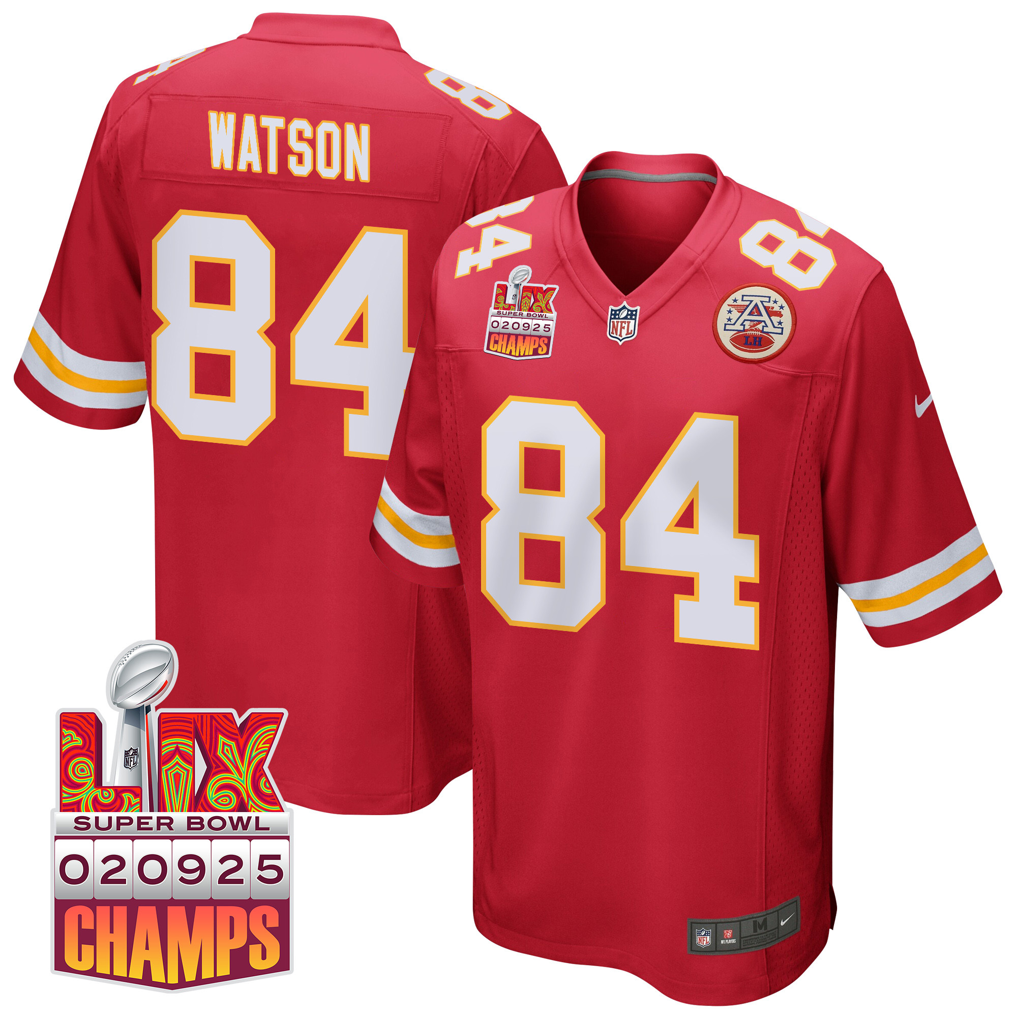 Justin Watson 84 Kansas City Chiefs Super Bowl LIX Champions Patch Game Red NFL Jersey Men's
