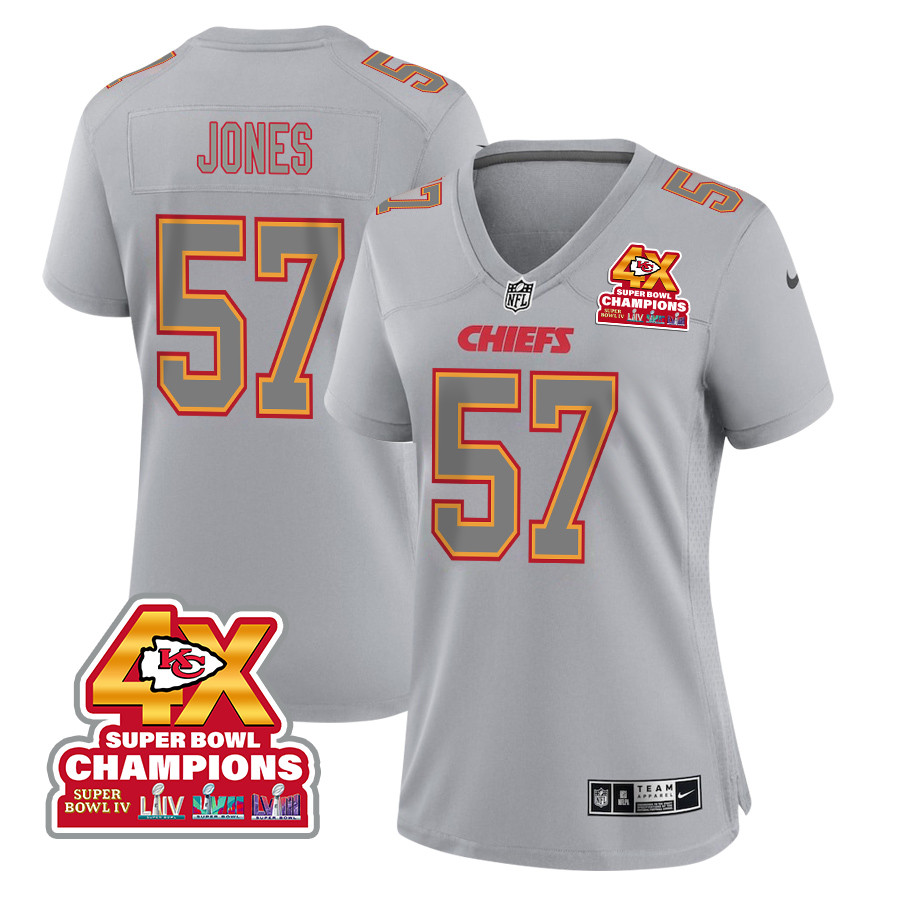 Truman Jones 57 Kansas City Chiefs Super Bowl LVIII Champions 4X Atmosphere Fashion Game Gray NFL Jersey Women's