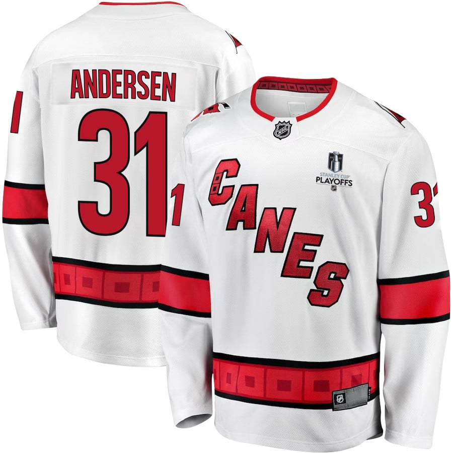 Frederik Andersen 31 Carolina Hurricanes Stanley Cup 2023 Playoffs Patch Away Breakaway White NHL Jersey Men's