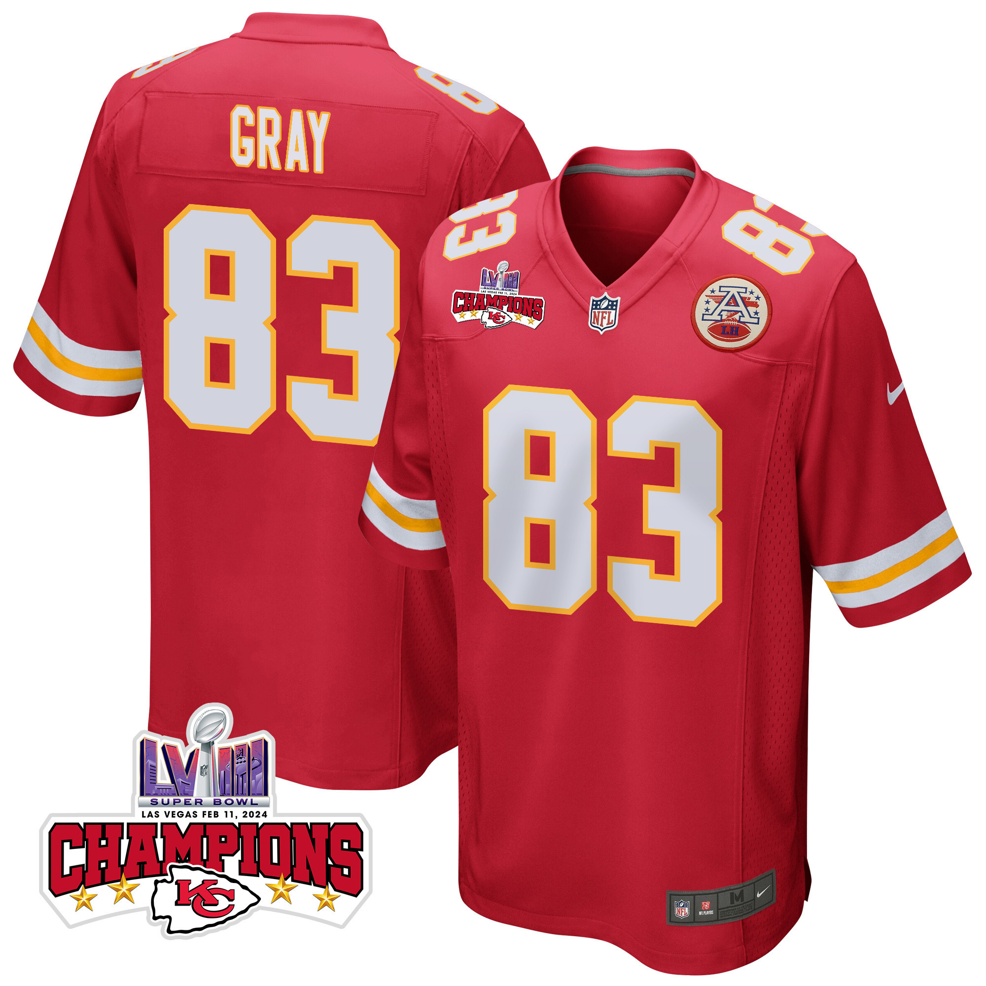 Noah Gray 83 Kansas City Chiefs Super Bowl LVIII Champions 4 Stars Patch Game Red NFL Jersey Men's