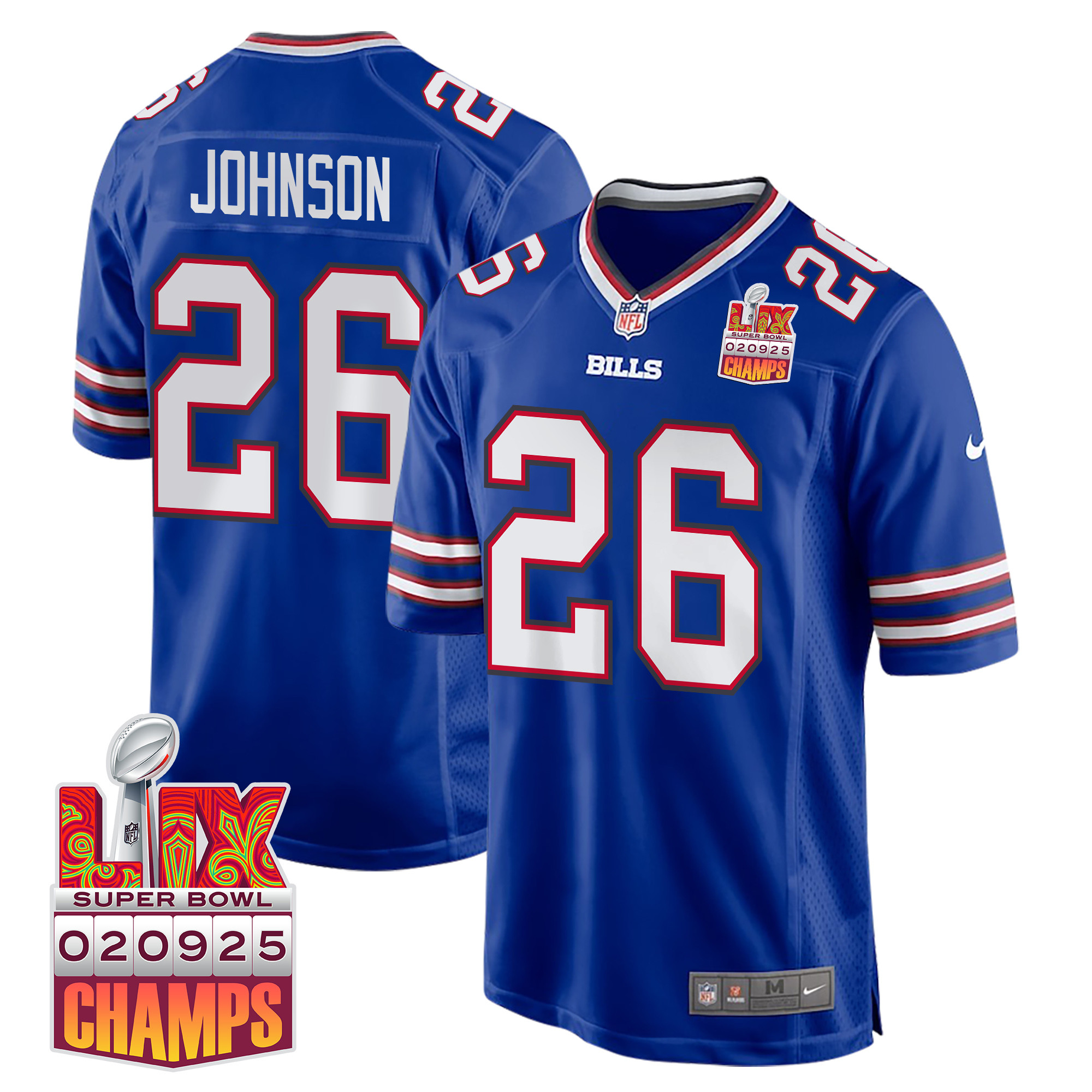 Ty Johnson 26 Buffalo Bills Super Bowl LIX Champions Patch Game Royal NFL Jersey Men's