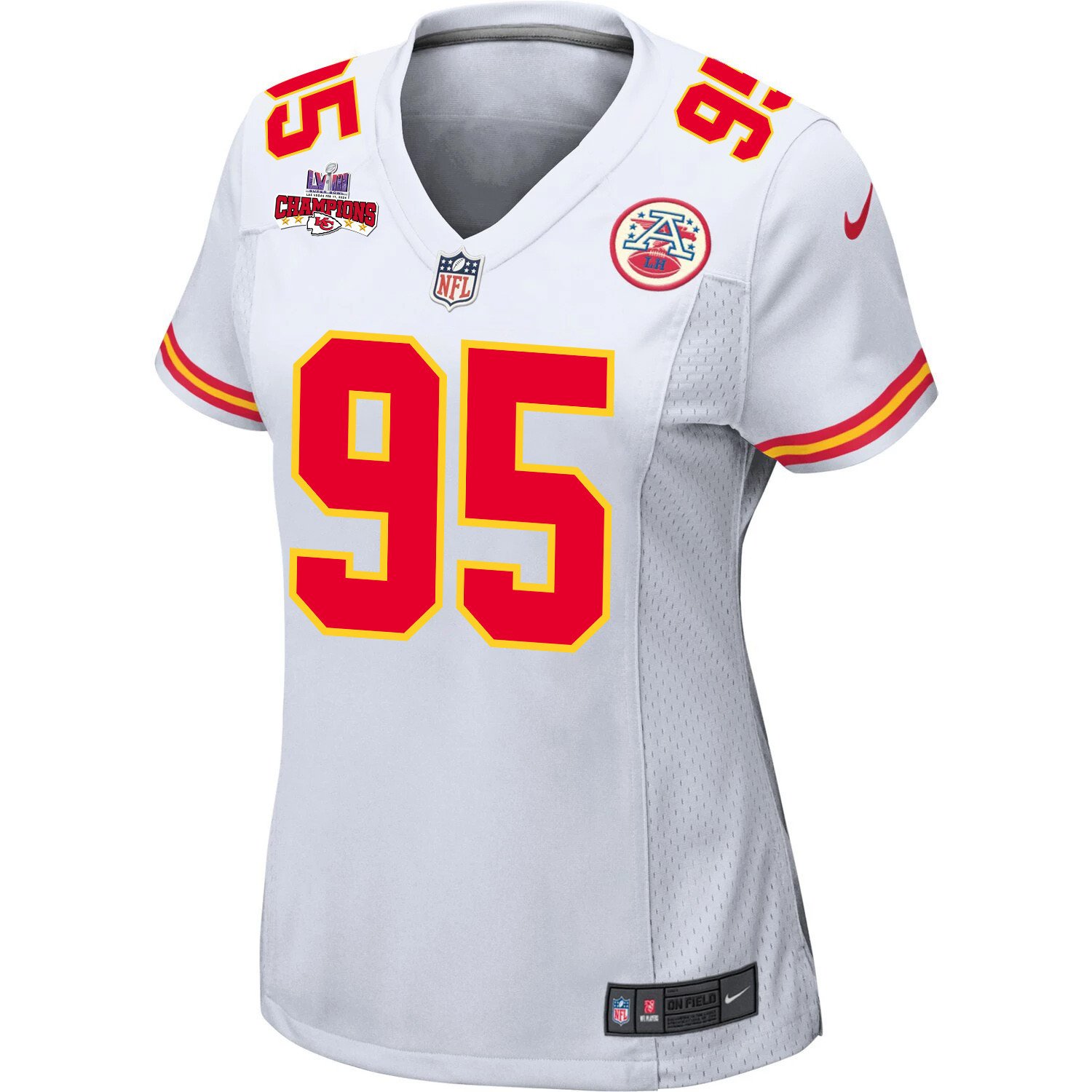 Chris Jones 95 Kansas City Chiefs Super Bowl LVIII Champions 4 Stars Patch Game White NFL Jersey Women's