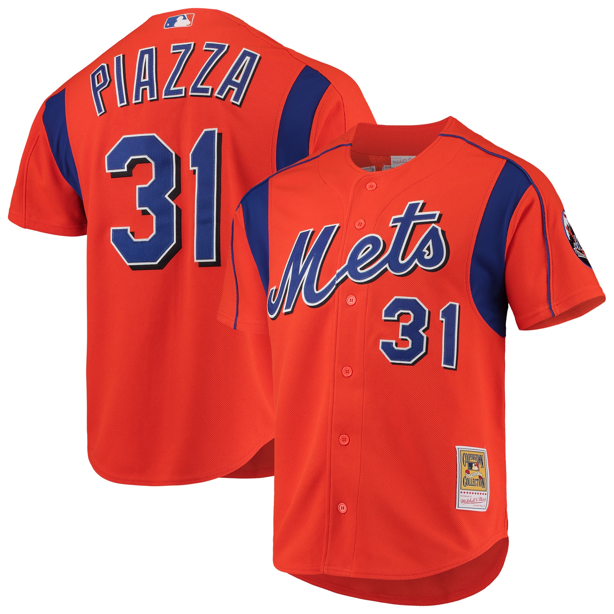 New York Mets Mike Piazza Mitchell Ness Orange Cooperstown Collection Mesh Batting Practice Button-Up MLB Jersey Men's