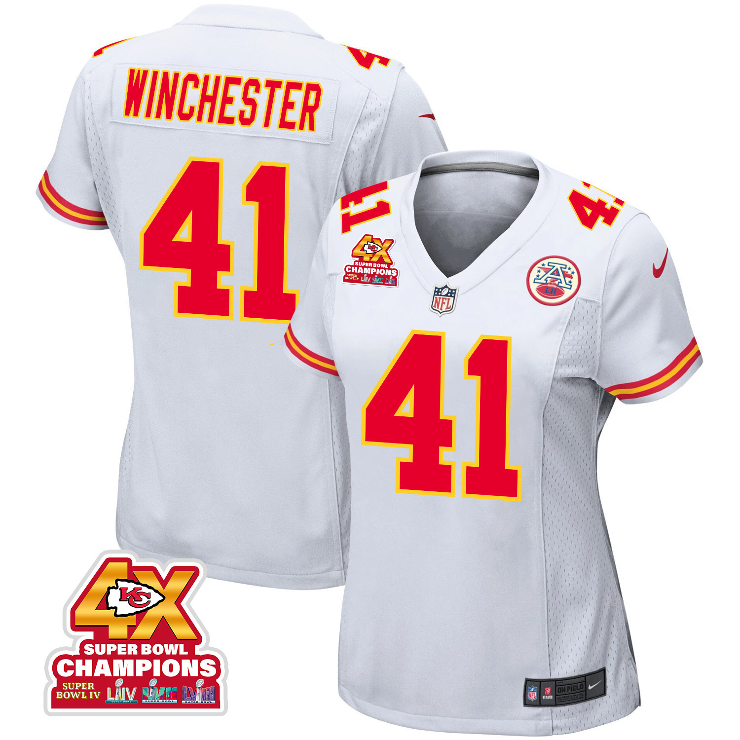 James Winchester 41 Kansas City Chiefs Super Bowl LVIII Champions 4X Game White NFL Jersey Women's
