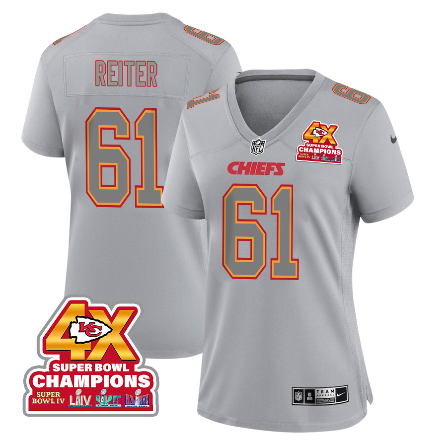 Austin Reiter 61 Kansas City Chiefs Super Bowl LVIII Champions 4X Atmosphere Fashion Game Gray NFL Jersey Women's