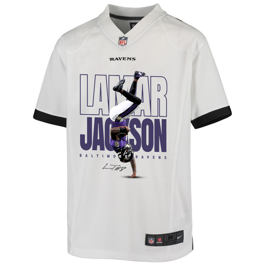 Lamar Jackson 8 Baltimore Ravens Lamar the Merrier Game White NFL Jersey Youth