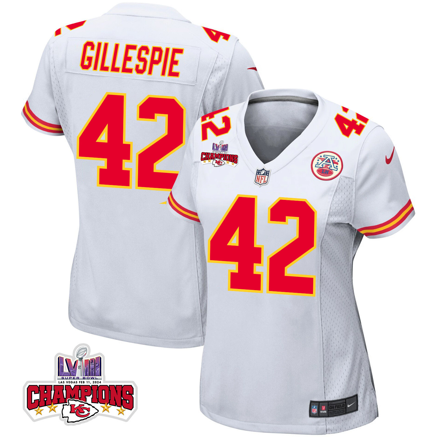 Tyree Gillespie 42 Kansas City Chiefs Super Bowl LVIII Champions 4 Stars Patch Game White NFL Jersey Women's