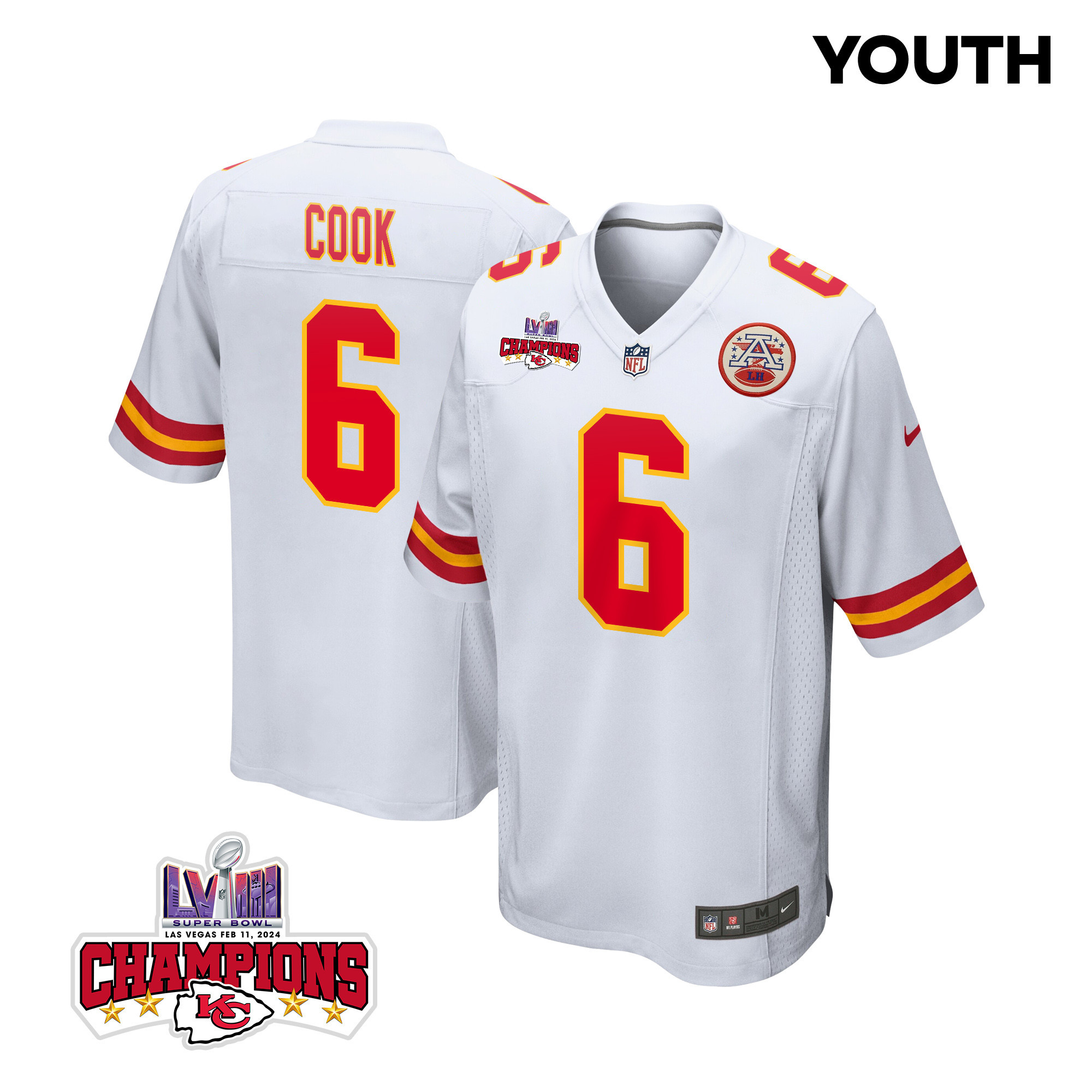 Bryan Cook 6 Kansas City Chiefs Super Bowl LVIII Champions 4 Stars Patch Game White NFL Jersey Youth