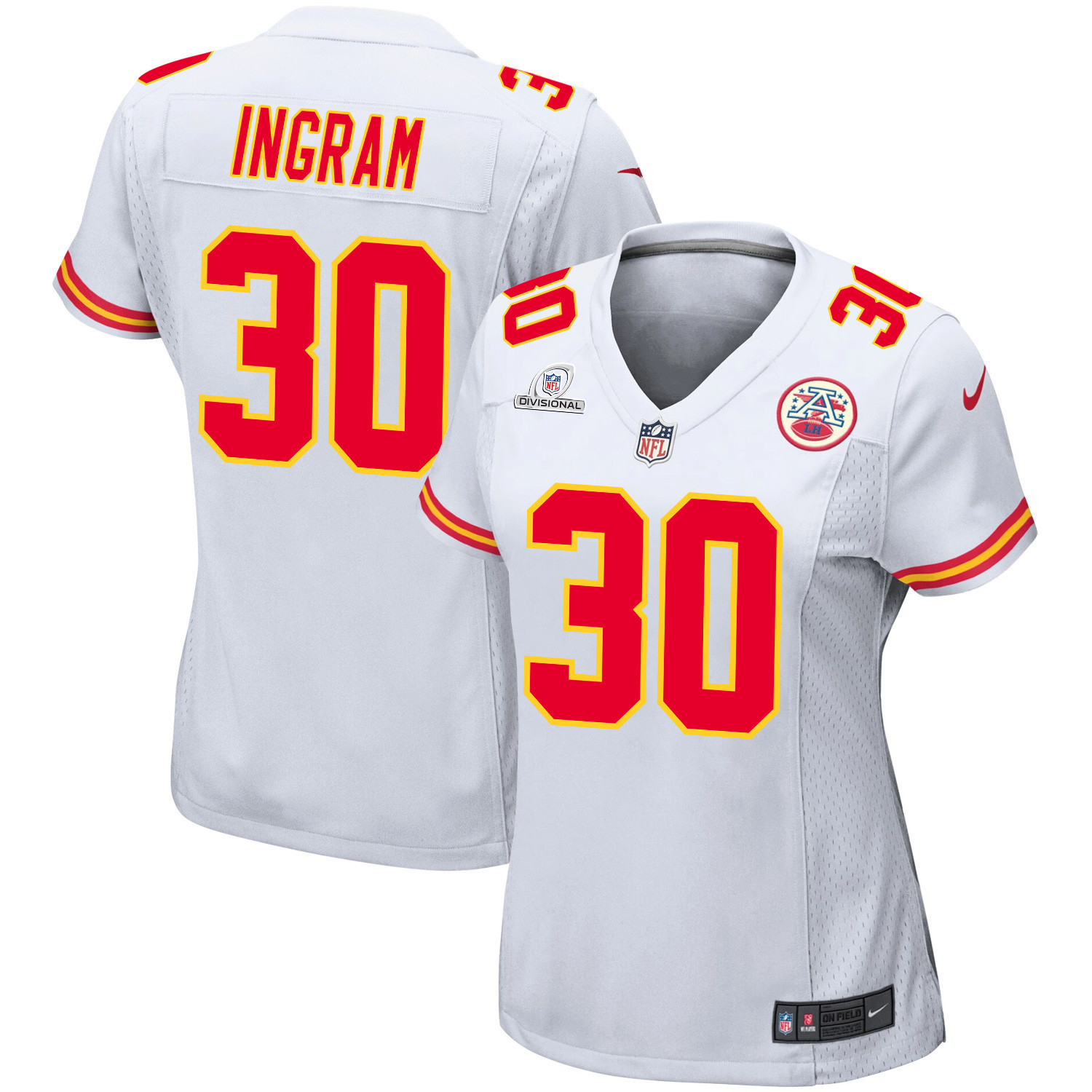 Keaontay Ingram 30 Kansas City Chiefs Super Bowl LVIII Patch Game White NFL Jersey Women's
