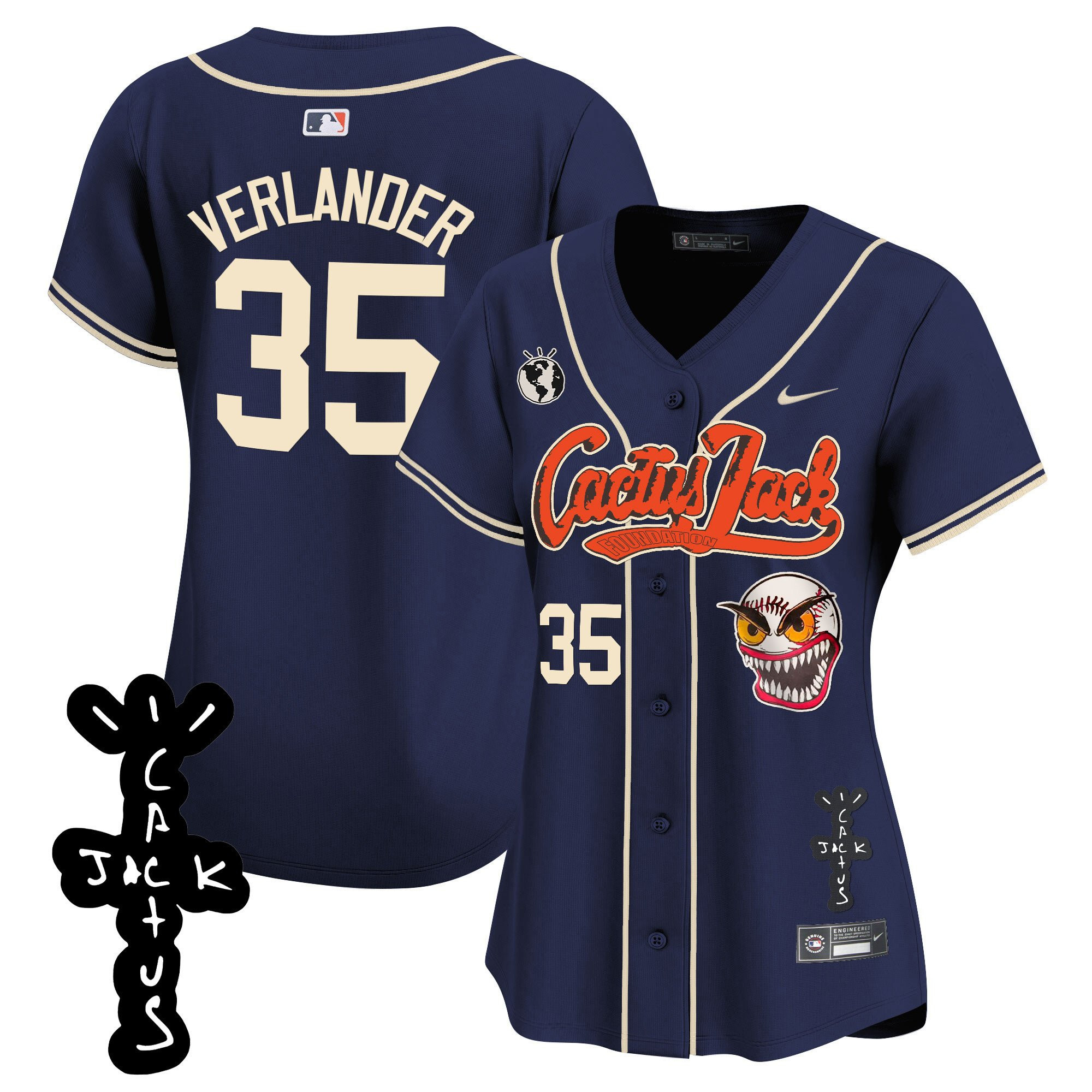 Justin Verlander 35 Houston Astros Cactus Jack Patch V2 Navy MLB Jersey Women's