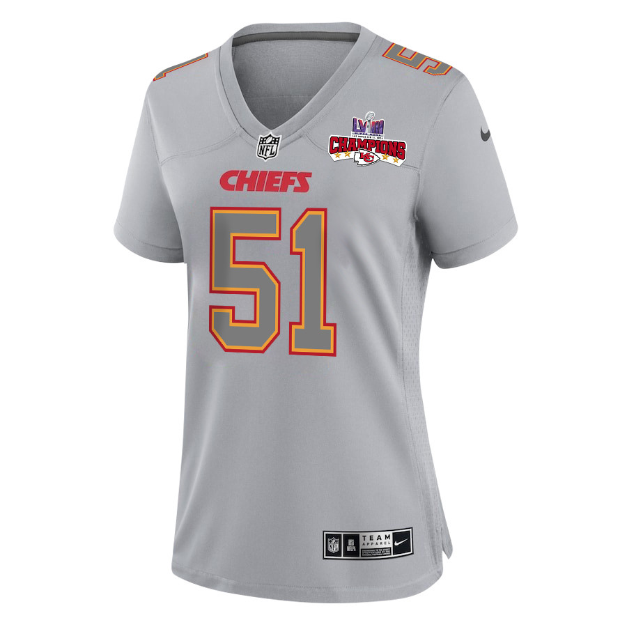 Mike Danna 51 Kansas City Chiefs Super Bowl LVIII Champions 4 Stars Patch Atmosphere Fashion Game Gray NFL Jersey Women's