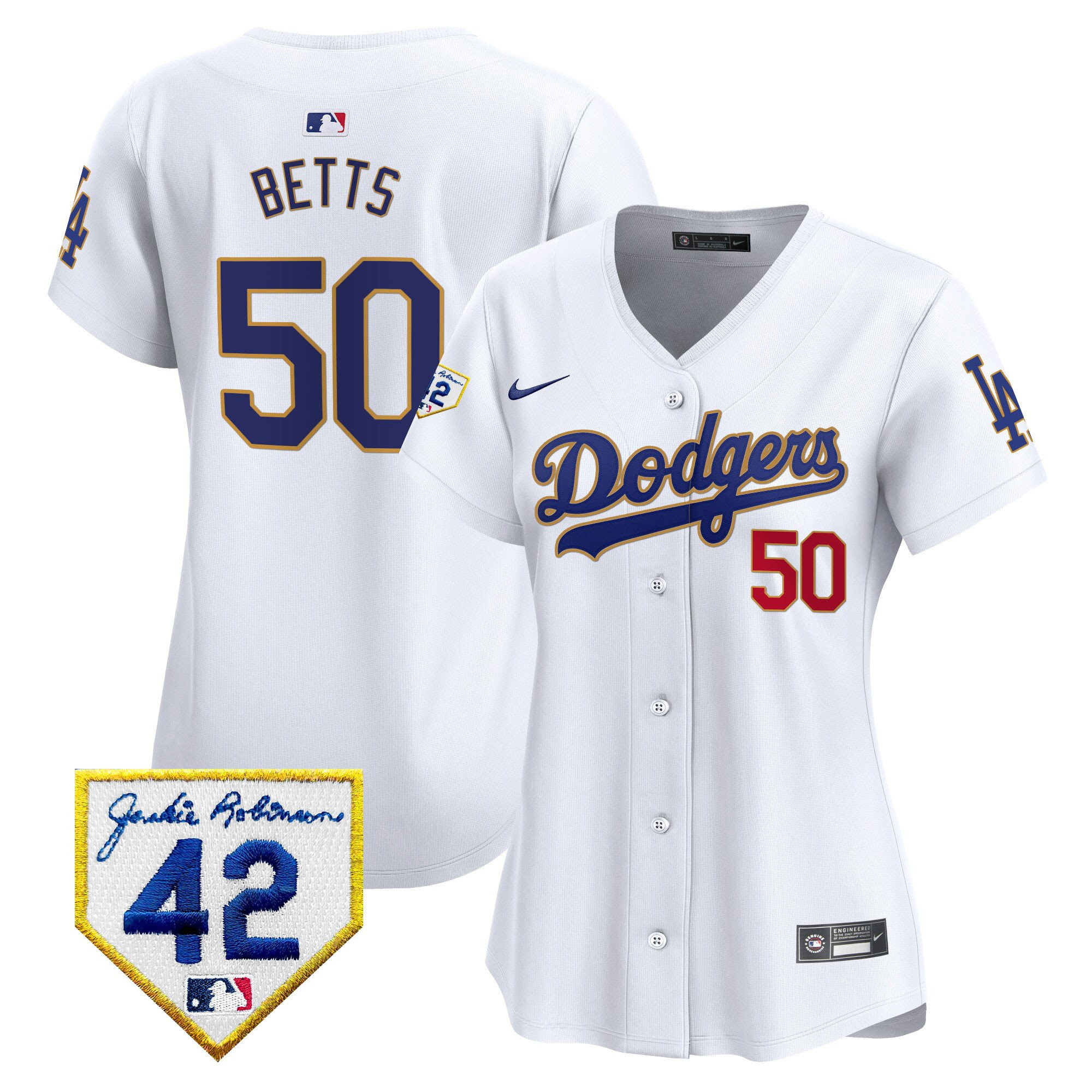 Mookie Betts 50 Los Angeles Dodgers 2024 Jackie Robinson Patch White MLB Jersey Women's